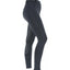 Shires Aubrion Albany Women's Riding Tights in sleek dark navy. These equestrian leggings feature a high-waisted fit and a full silicone grip seat with a decorative pattern for superior stability in the saddle. The side-profile view highlights supportive contour seams and a practical thigh phone pocket. A perfect blend of style and performance, these horse riding tights offer comfort for schooling and everyday equestrian training.