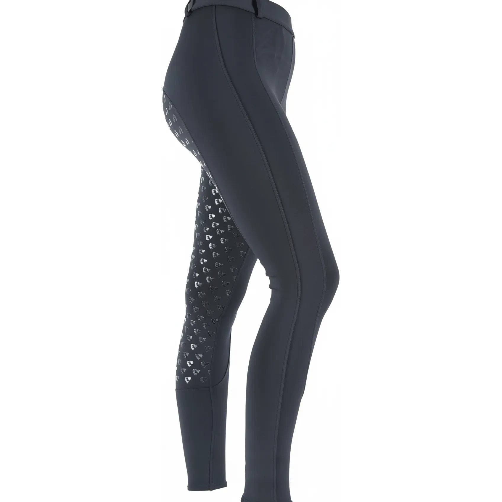 Shires Aubrion Albany Women's Riding Tights in sleek dark navy. These equestrian leggings feature a high-waisted fit and a full silicone grip seat with a decorative pattern for superior stability in the saddle. The side-profile view highlights supportive contour seams and a practical thigh phone pocket. A perfect blend of style and performance, these horse riding tights offer comfort for schooling and everyday equestrian training.