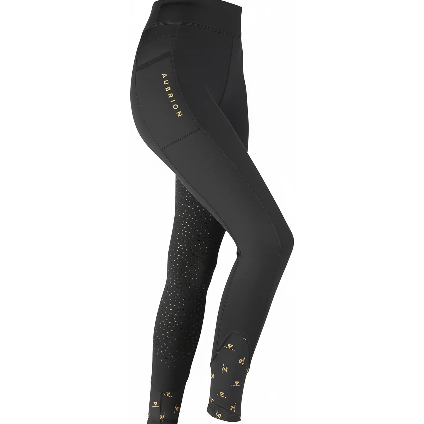 Shires Aubrion Porter Maids Winter Riding Tights in black, featuring a side phone pocket with gold branding and silicone grip on the inner legs for equestrian stability. These fleece-lined riding leggings include stylish gold-patterned ankle cuffs and a high-waist design, perfect for keeping young riders warm in the saddle during winter.
