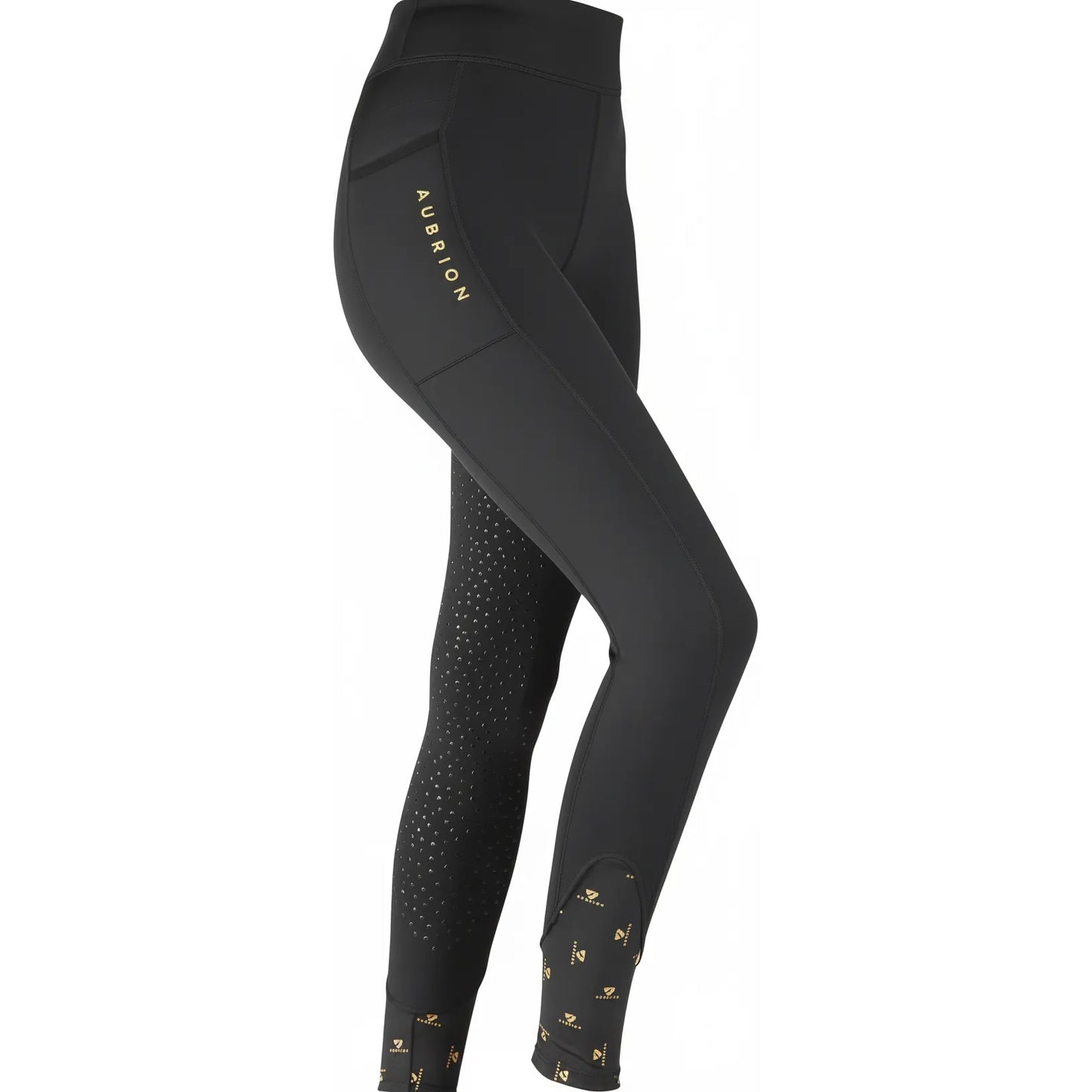 Aubrion Porter Winter Riding Tights in black, featuring thermal fleece lining for cold-weather equestrian activities. These high-waisted leggings include a silicone full seat grip for stability in the saddle, a secure thigh phone pocket with elegant gold "AUBRION" branding, and decorative gold logo accents at the ankles. Stylish and functional winter horse riding gear designed for performance and comfort in the stable and the saddle.