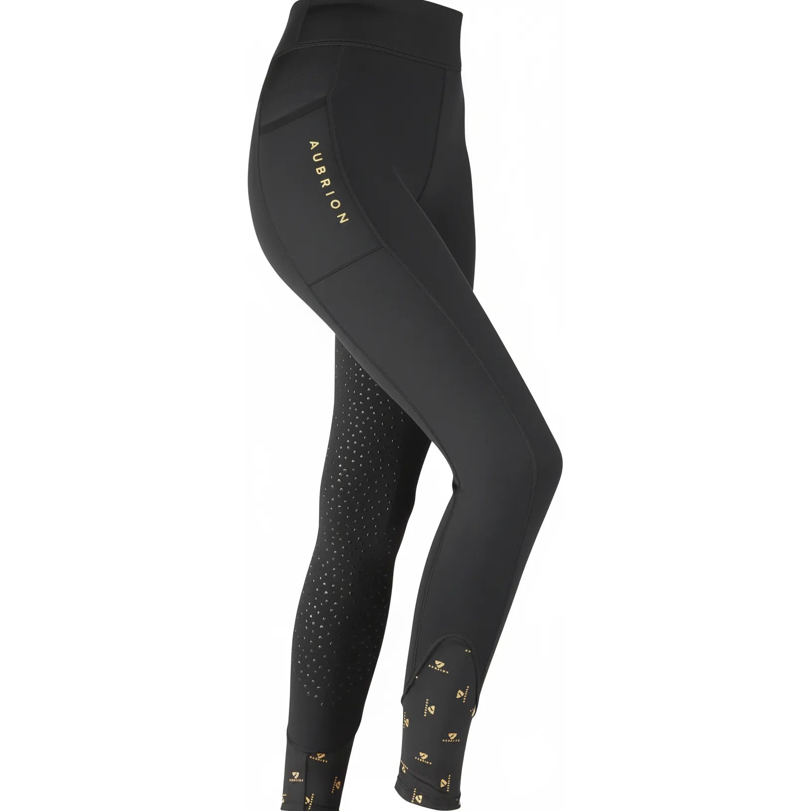 Aubrion Porter Winter Riding Tights in black, featuring thermal fleece lining for cold-weather equestrian activities. These high-waisted leggings include a silicone full seat grip for stability in the saddle, a secure thigh phone pocket with elegant gold "AUBRION" branding, and decorative gold logo accents at the ankles. Stylish and functional winter horse riding gear designed for performance and comfort in the stable and the saddle.