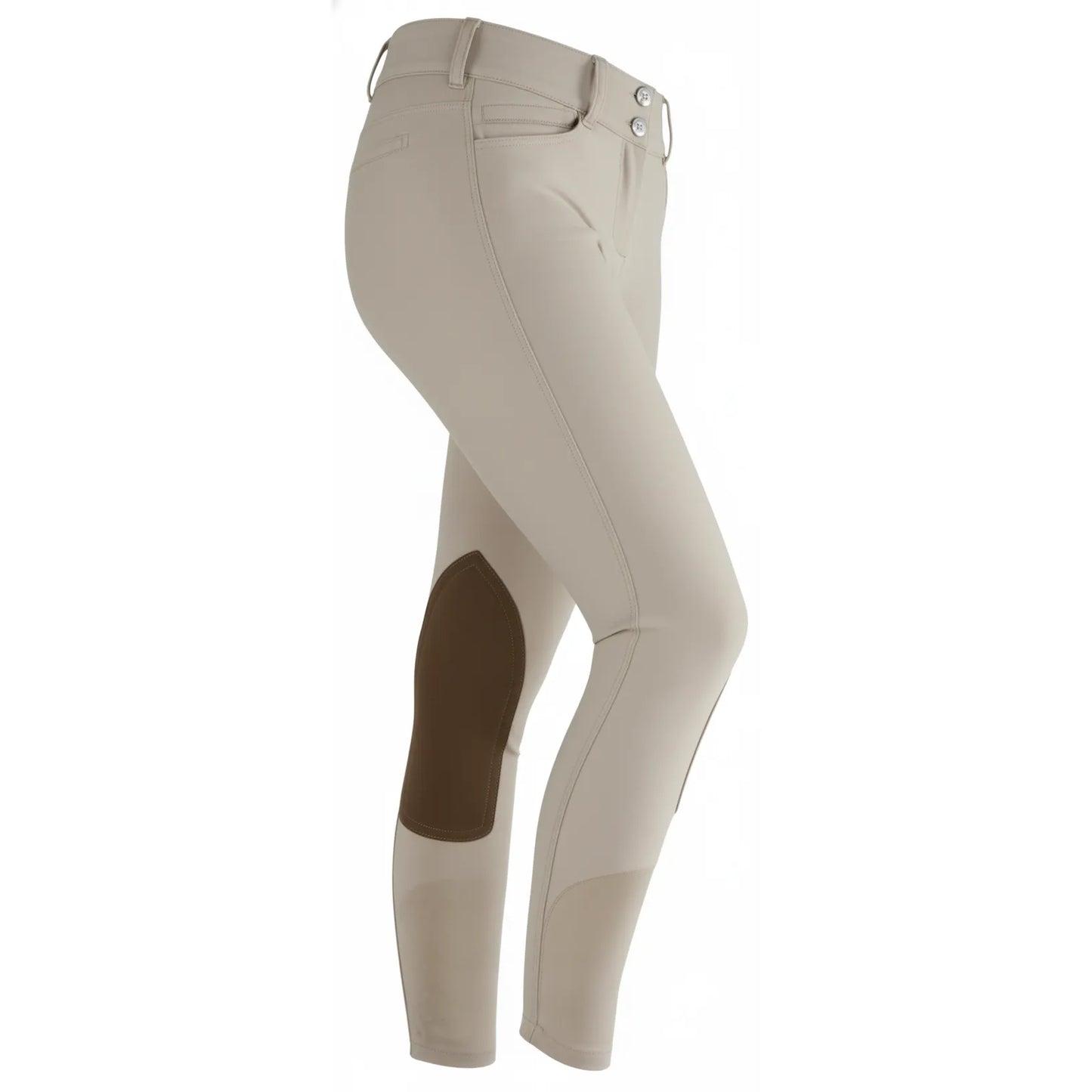 Shires Aubrion Suffolk Childs Breeches in classic beige. These stylish kids' horse riding pants feature a flattering Euro seat and durable dark brown Clarino knee patches for added grip. Crafted from flexible cotton Lycra with a double-button waist and functional front pockets, they are perfect for pony club, horse shows, or daily schooling. A professional and comfortable choice for young equestrians.