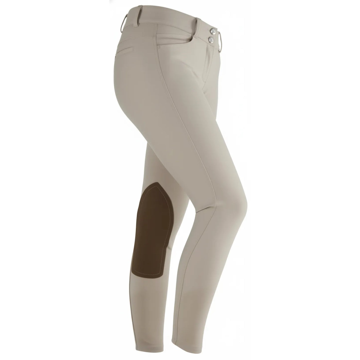 Shires Aubrion Suffolk Ladies Breeches in beige, premium show riding pants featuring a dark brown Clarino knee patch for superior grip. These elegant equestrian breeches showcase a Euro seat design, a wide 2-inch waistband with double button closure, and a sleek, athletic fit. Perfect for the show ring or schooling, these beige riding trousers combine classic style with technical performance for the modern female rider.