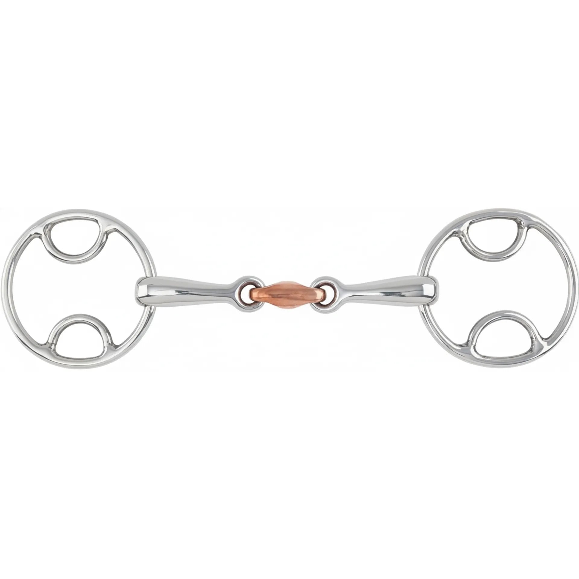 Shires Bevel Bit with Copper Lozenge, a professional-grade stainless steel double-jointed horse bit. This elegant bit features a warm copper center lozenge designed to encourage salivation and bit acceptance. The bevel ring style provides mild leverage, offering refined control and responsiveness for equestrian training. A durable, high-polish piece of horse tack perfect for riders seeking a gentle yet effective communication tool with their horse.