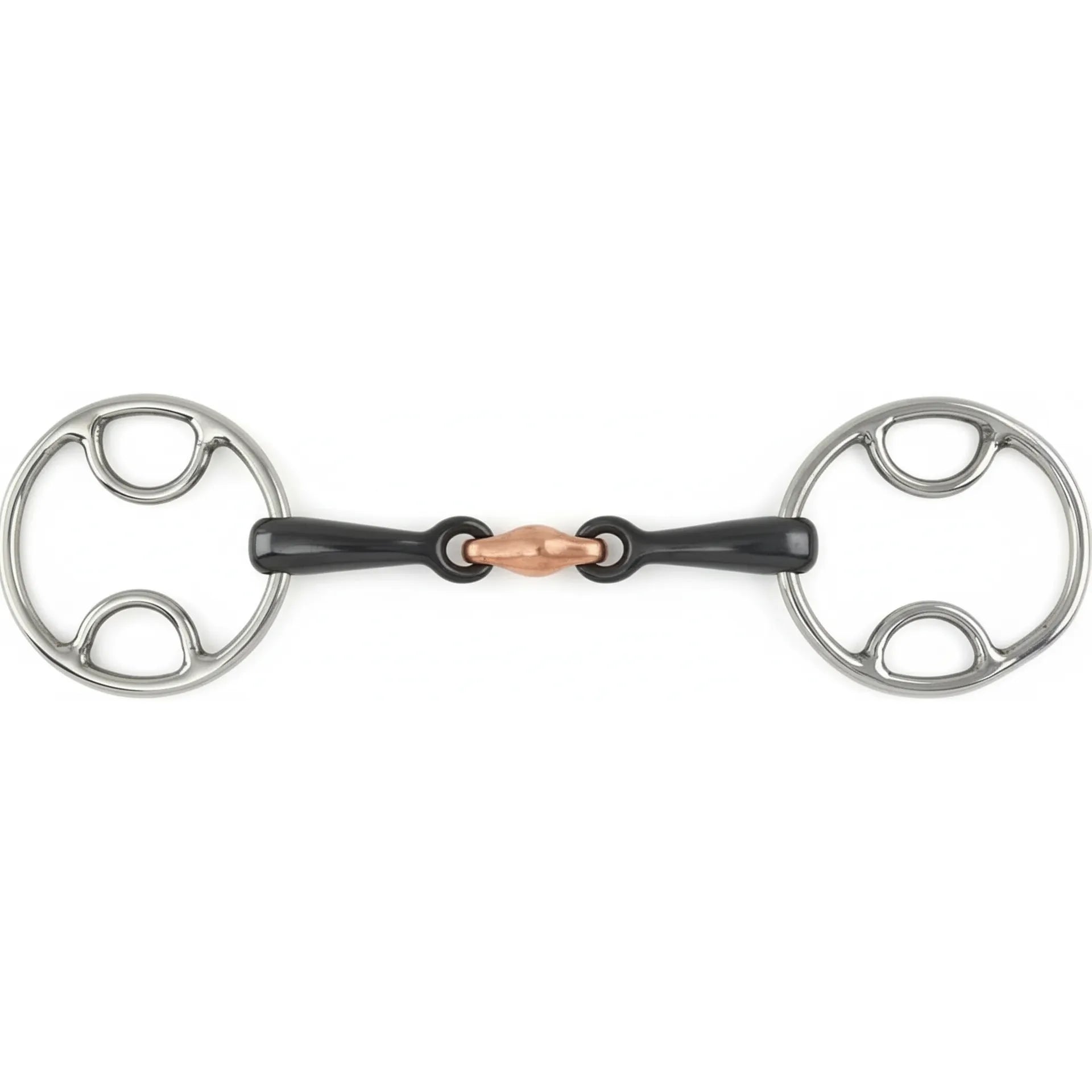 Shires Black Sweet Iron Bevel Bit featuring a double-jointed mouthpiece with a central copper lozenge to encourage salivation and a soft mouth. The bit includes durable stainless steel bevel rings with inner loops for varied rein and bridle attachment, providing mild leverage. A high-quality piece of equestrian tack designed for precise communication and control, perfect for riders seeking a balanced sweet iron and copper horse bit.