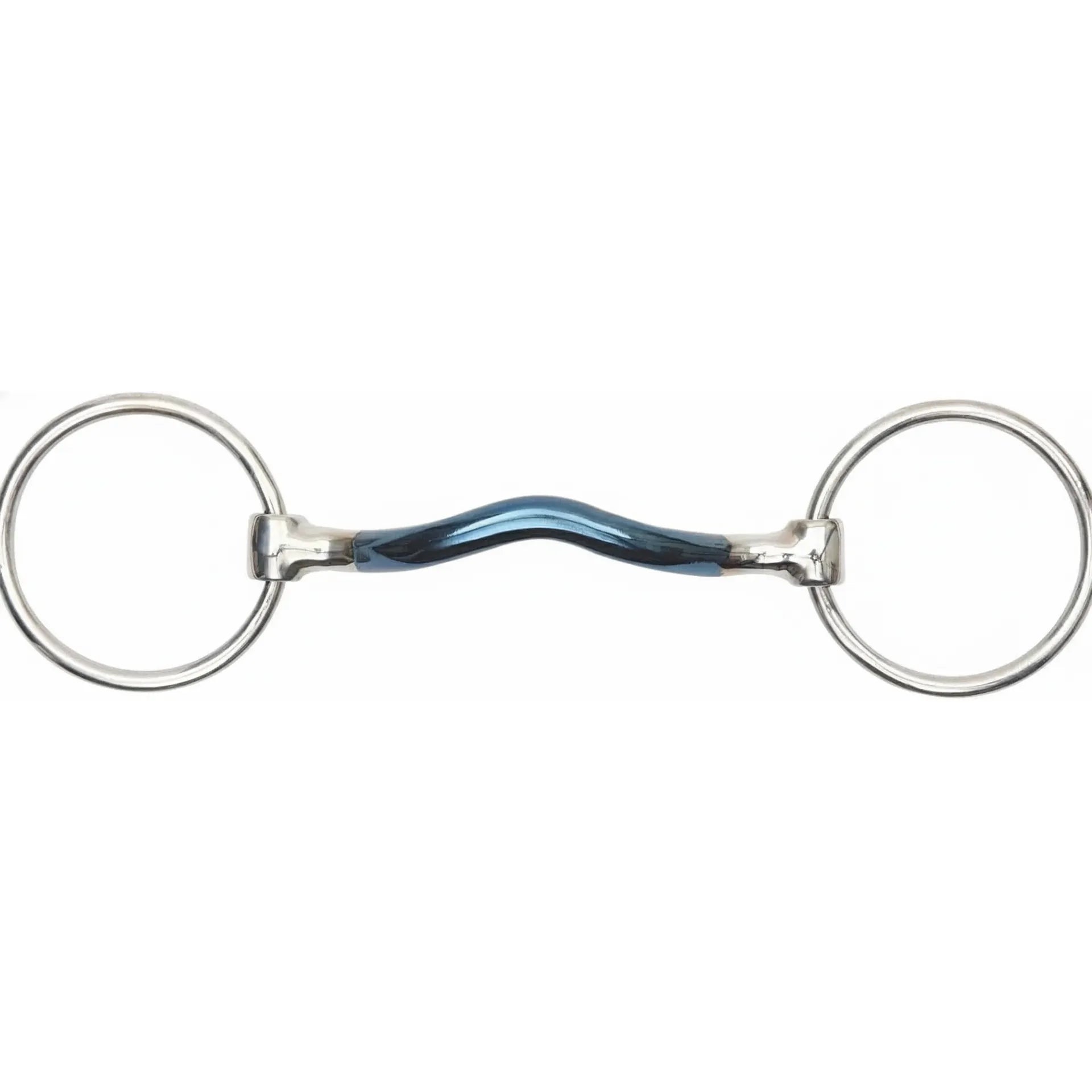 Shires Blue Alloy Loose Ring Mullen Mouth Horse Bit featuring a dark blue sweet iron medium port mouthpiece and polished stainless steel loose rings. This equestrian tack piece is designed to encourage salivation and relaxation. The mullen mouth with a medium port provides tongue relief, making it an ideal horse bit for sensitive mouths. A premium choice for dressage, training, or everyday riding.