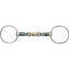 Shires Blue Sweet Iron Loose Ring Snaffle Horse Bit with a central brass lozenge. This 4.5-inch double-jointed bit features blue sweet iron to encourage salivation and a smooth brass link for gentle tongue pressure. A versatile piece of equestrian tack, the loose rings allow for subtle movement and better communication, making it ideal for training and daily riding.