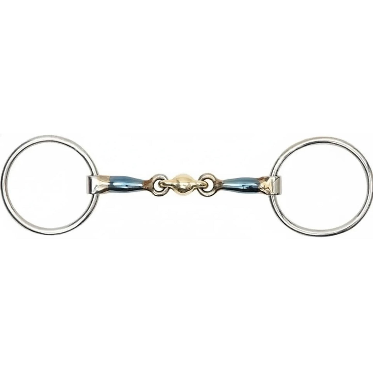 Shires Blue Sweet Iron Loose Ring Snaffle Horse Bit with a central brass lozenge. This 4.5-inch double-jointed bit features blue sweet iron to encourage salivation and a smooth brass link for gentle tongue pressure. A versatile piece of equestrian tack, the loose rings allow for subtle movement and better communication, making it ideal for training and daily riding.