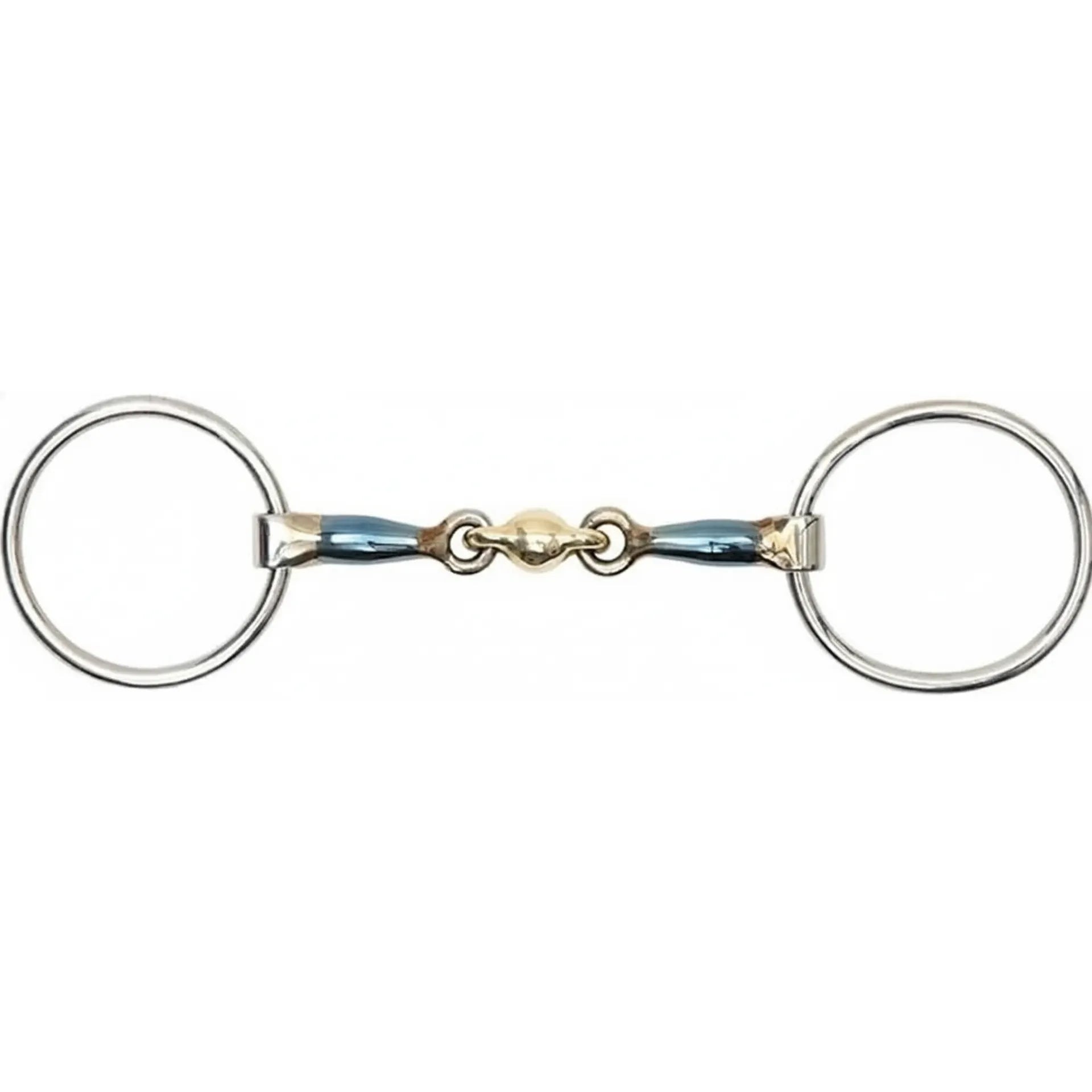 Shires Blue Sweet Iron Loose Ring Snaffle Horse Bit with a central brass lozenge. This 4.5-inch double-jointed bit features blue sweet iron to encourage salivation and a smooth brass link for gentle tongue pressure. A versatile piece of equestrian tack, the loose rings allow for subtle movement and better communication, making it ideal for training and daily riding.
