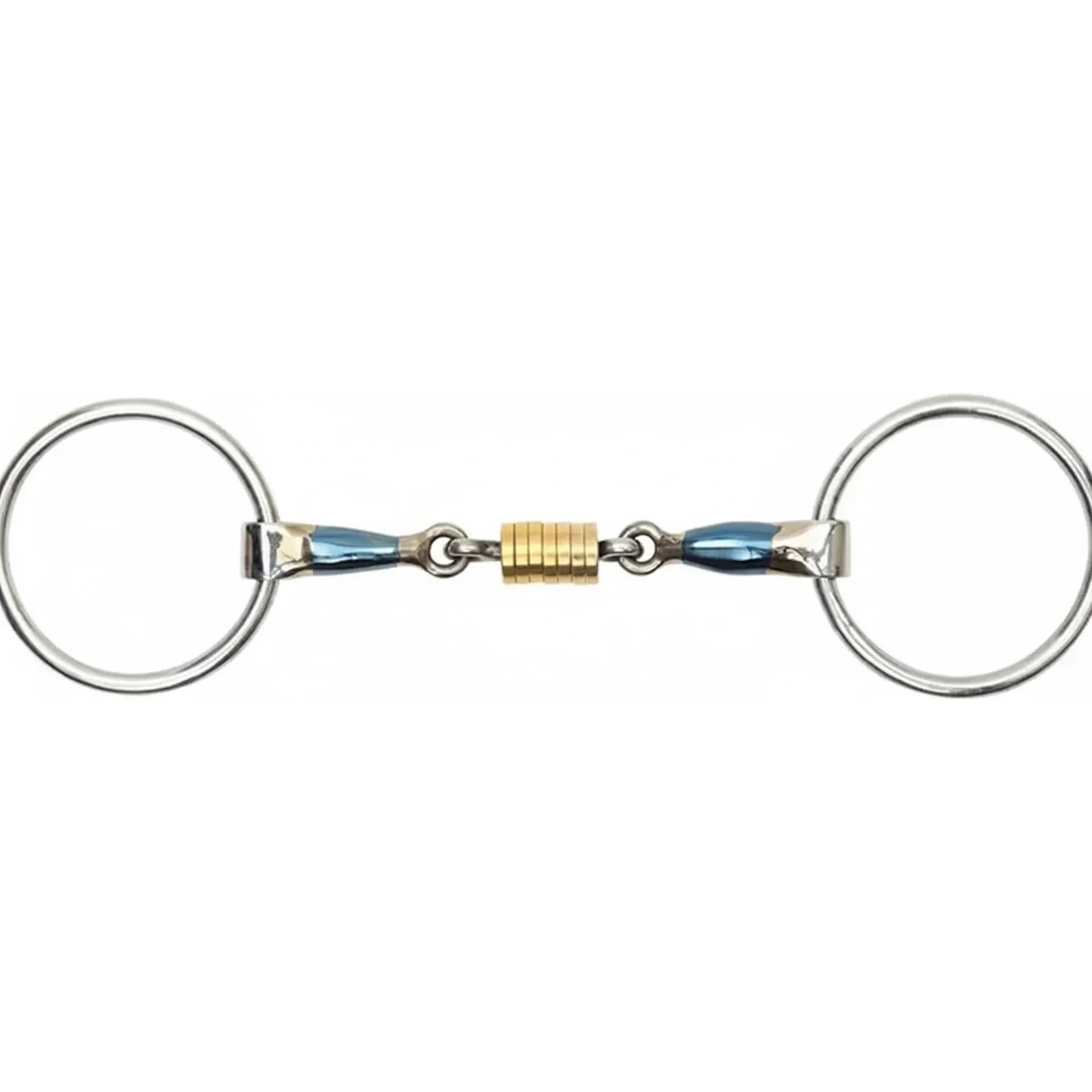 Shires Blue Sweet Iron Loose Ring with Roller Mullen Mouth Bit featuring a striking blue sweet iron mouthpiece and brass alloy rollers. This medium port bit with stainless steel loose rings encourages salivation and relaxation. Premium horse tack designed for clear communication and mouth comfort, making it a stylish and functional addition to any equestrian's collection. Ideal for schooling and training across various English riding disciplines.