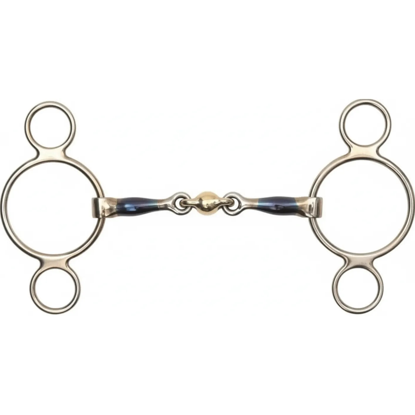 Shires Blue Sweet Iron Two Ring Gag horse bit featuring an anatomical double-jointed lozenge mouthpiece. The deep blue sweet iron bars are designed to encourage salivation, paired with a central brass lozenge and polished stainless steel rings. This equestrian tack offers mild leverage for enhanced control and precision, making it a versatile choice for show jumping, eventing, or everyday training.