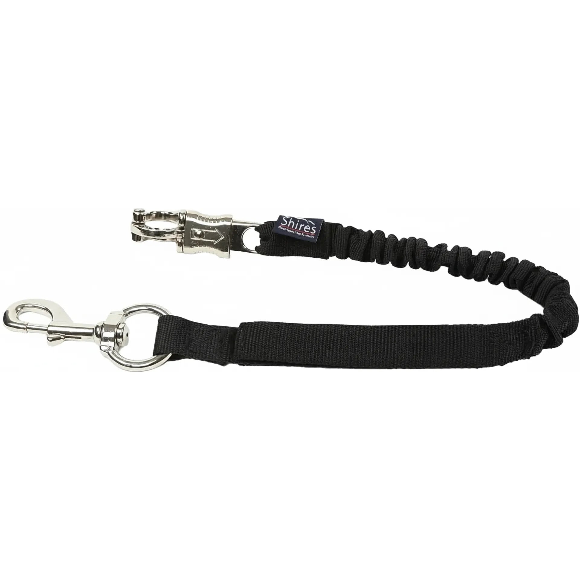 Shires Bungee Breakaway Trailer Tie in black, featuring a shock-absorbing elasticized cord and durable nylon webbing. This horse safety tie includes a silver panic release clip for quick detachment and a heavy-duty trigger snap. Ideal for use in horse trailers or stables, this bungee tie provides flexibility and reduces pressure, making it an essential piece of equestrian safety gear for traveling or grooming.
