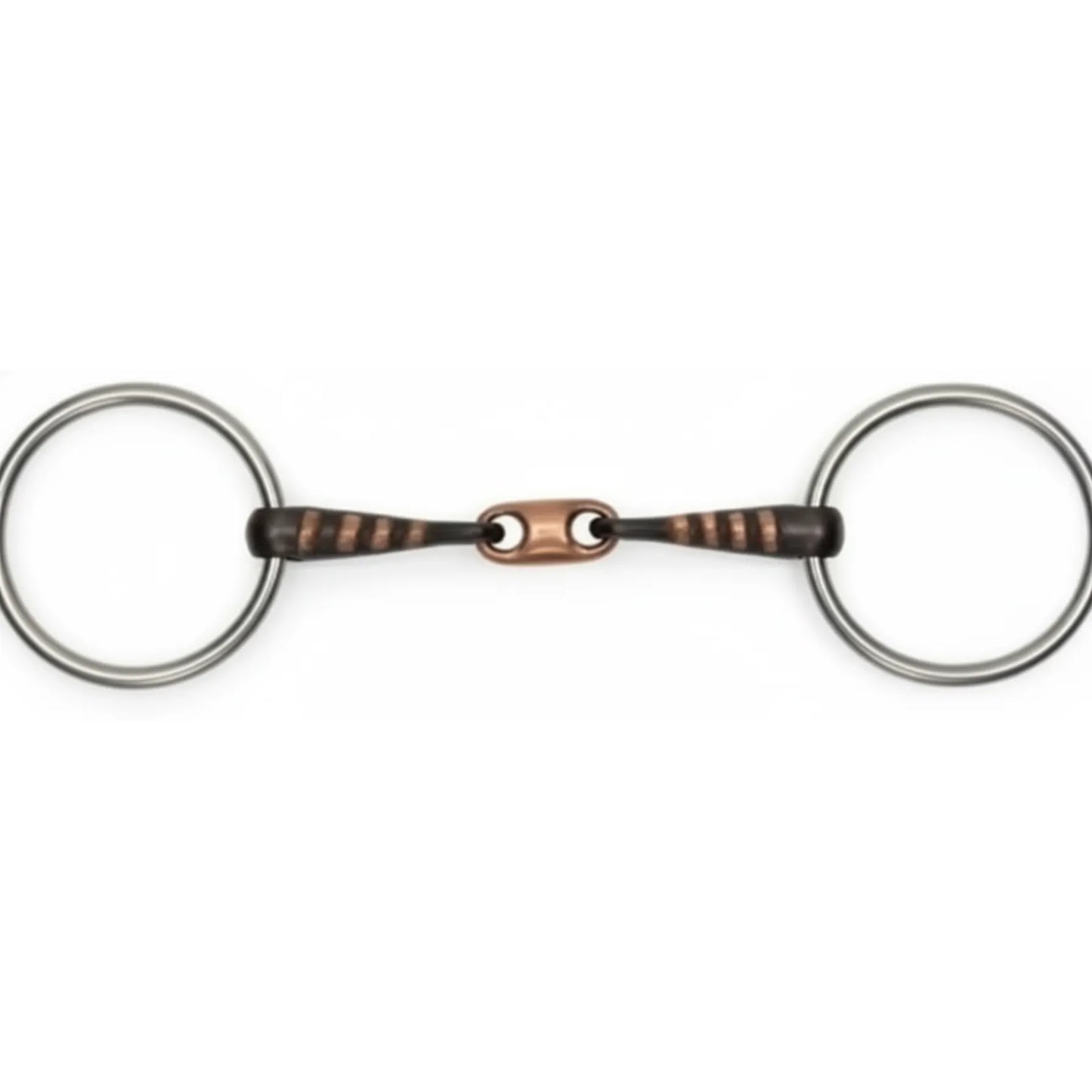 Shires Copper Lozenge Sweet Iron Loose Ring Snaffle with Raised Ribs (#510R). This equestrian horse bit features stainless steel loose rings and a double-jointed mouthpiece with copper inlay ribs and a central copper lozenge to encourage salivation. Perfect for horse training, the sweet iron and copper design provides a gentle, responsive feel for sensitive horses. A high-quality addition to any bridle setup.