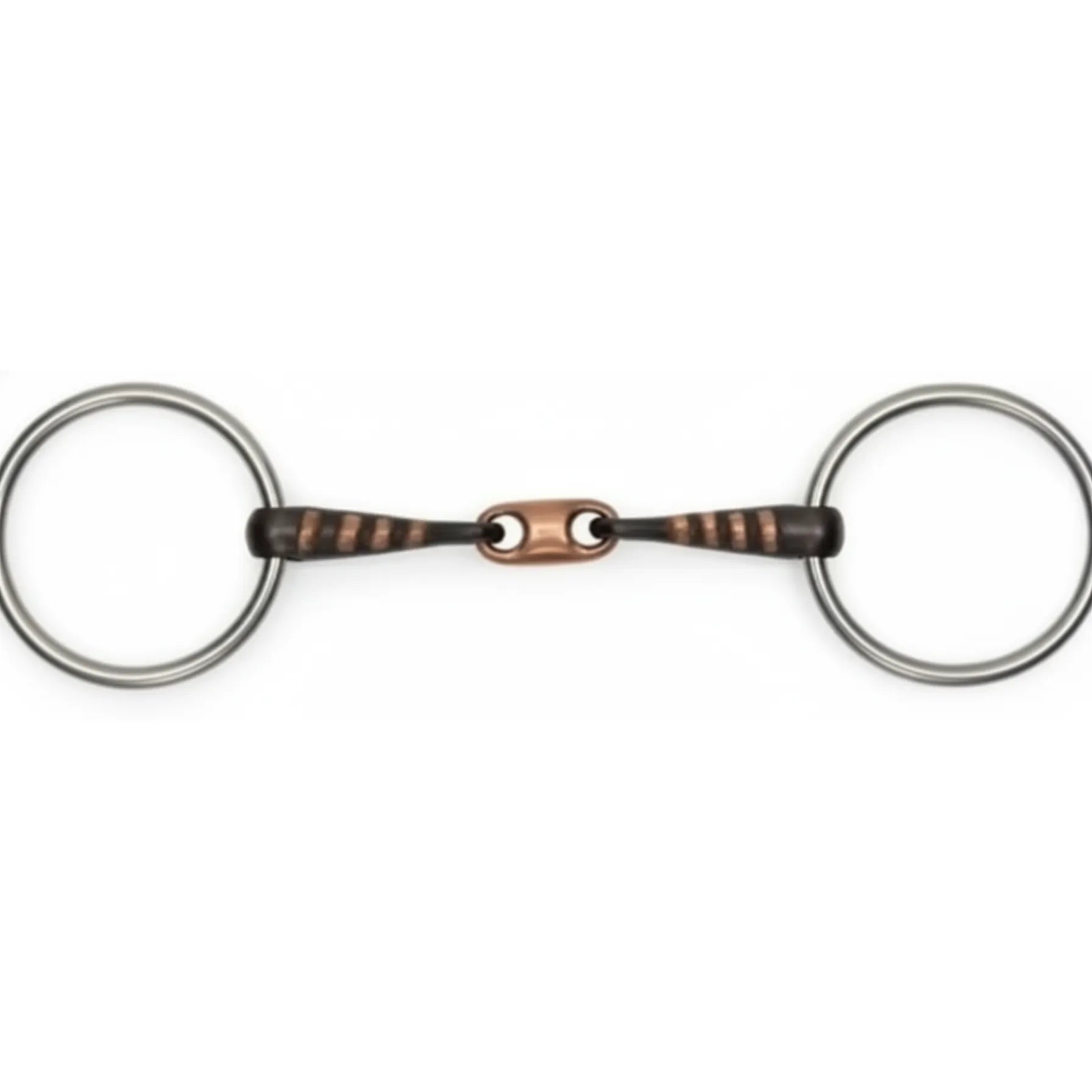 Shires Copper Lozenge Sweet Iron Loose Ring Snaffle with Raised Ribs (#510R). This equestrian horse bit features stainless steel loose rings and a double-jointed mouthpiece with copper inlay ribs and a central copper lozenge to encourage salivation. Perfect for horse training, the sweet iron and copper design provides a gentle, responsive feel for sensitive horses. A high-quality addition to any bridle setup.