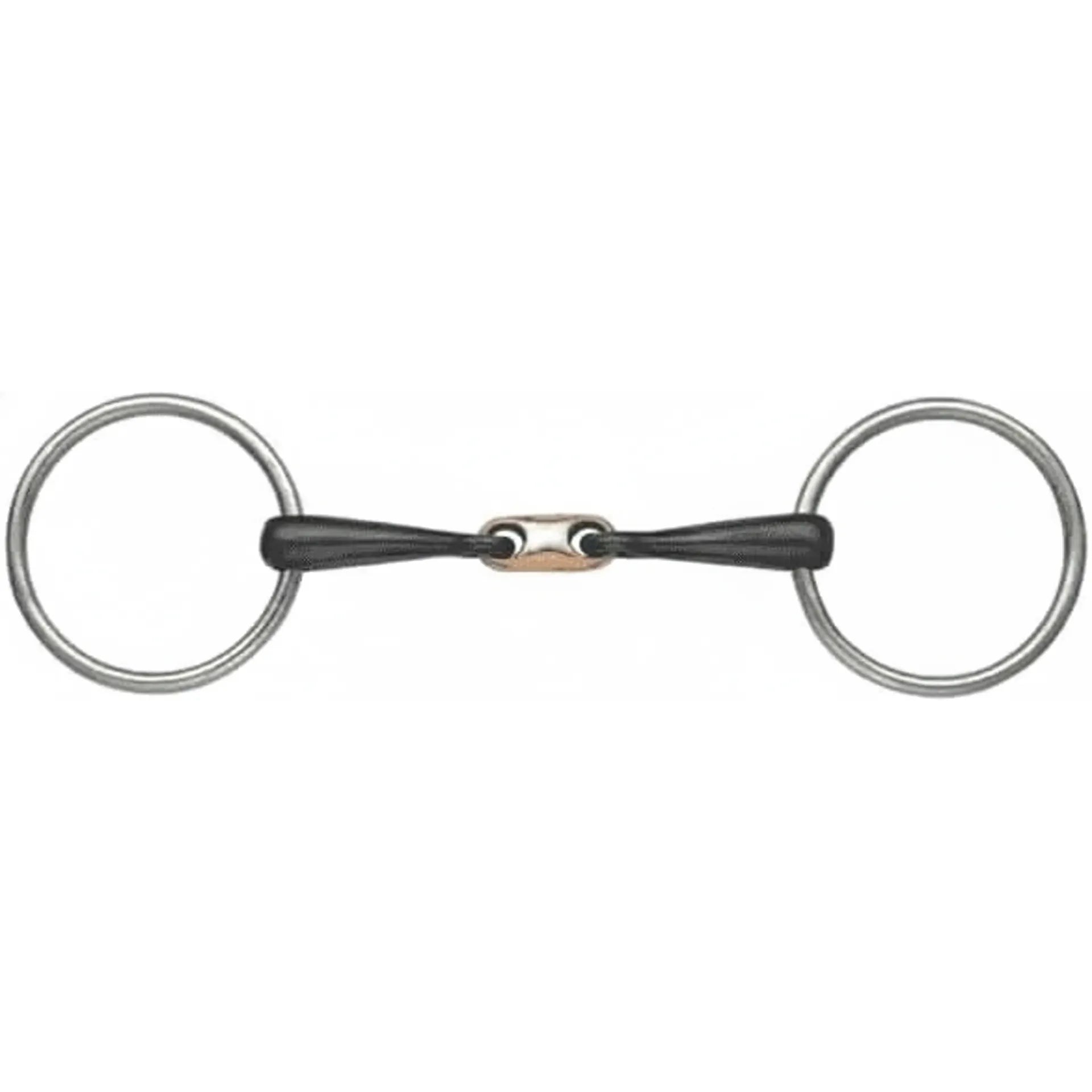 Shires Copper Lozenge Sweet Iron Snaffle Bit featuring a double-jointed 12mm mouthpiece and 65mm loose rings. The dark sweet iron mouthpiece oxidizes to encourage salivation, paired with a warm copper lozenge for gentle tongue pressure. This responsive horse bit has high-quality stainless steel rings, offering clear communication and comfort. Essential equestrian horse tack for training and flatwork.