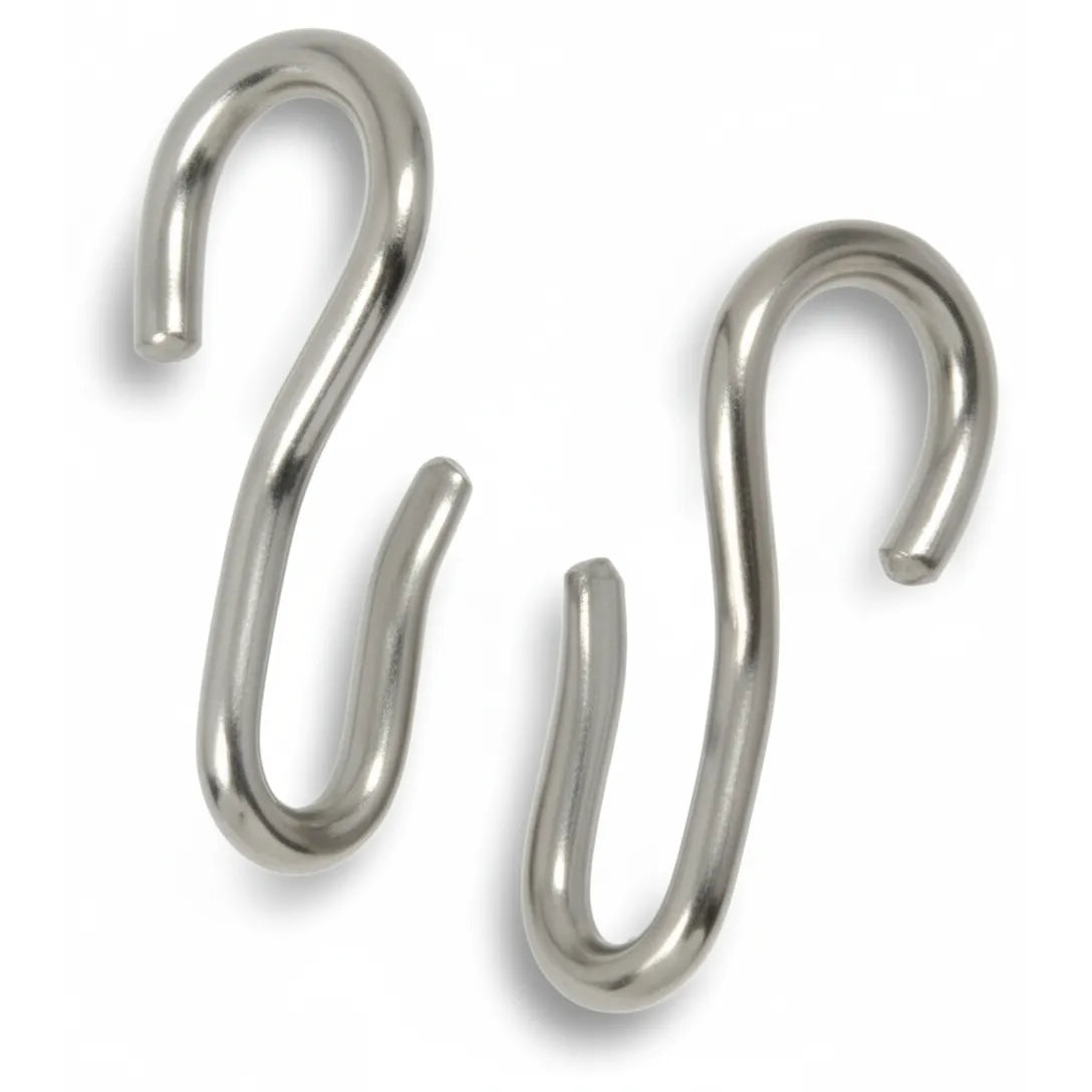 Pair of Shires Curb Hooks in polished silver steel. These robust, S-shaped hooks are essential equestrian hardware for securely attaching curb chains to Pelham or Weymouth bits. Featuring a sleek, heavy-duty design, these one-size steel hooks are a must-have tack room accessory for reliable horse performance and control.