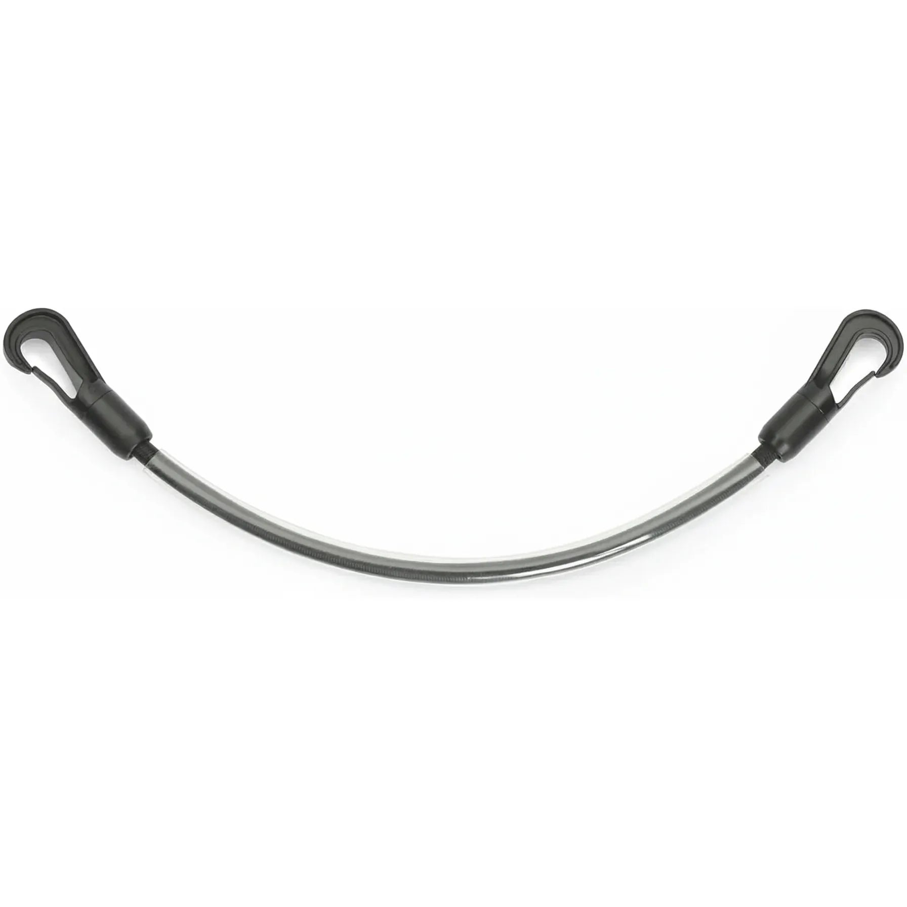 Shires Elastic Tail Strap #1323, a durable horse blanket accessory featuring a flexible black elastic cord with a clear protective sleeve. Equipped with two sturdy black plastic snap clips at each end for easy attachment. This adjustable equestrian gear is designed to keep horse rugs and sheets securely and comfortably in place. Sold in pairs, it is an essential replacement part for horse owners looking for high-quality, reliable blanket hardware.