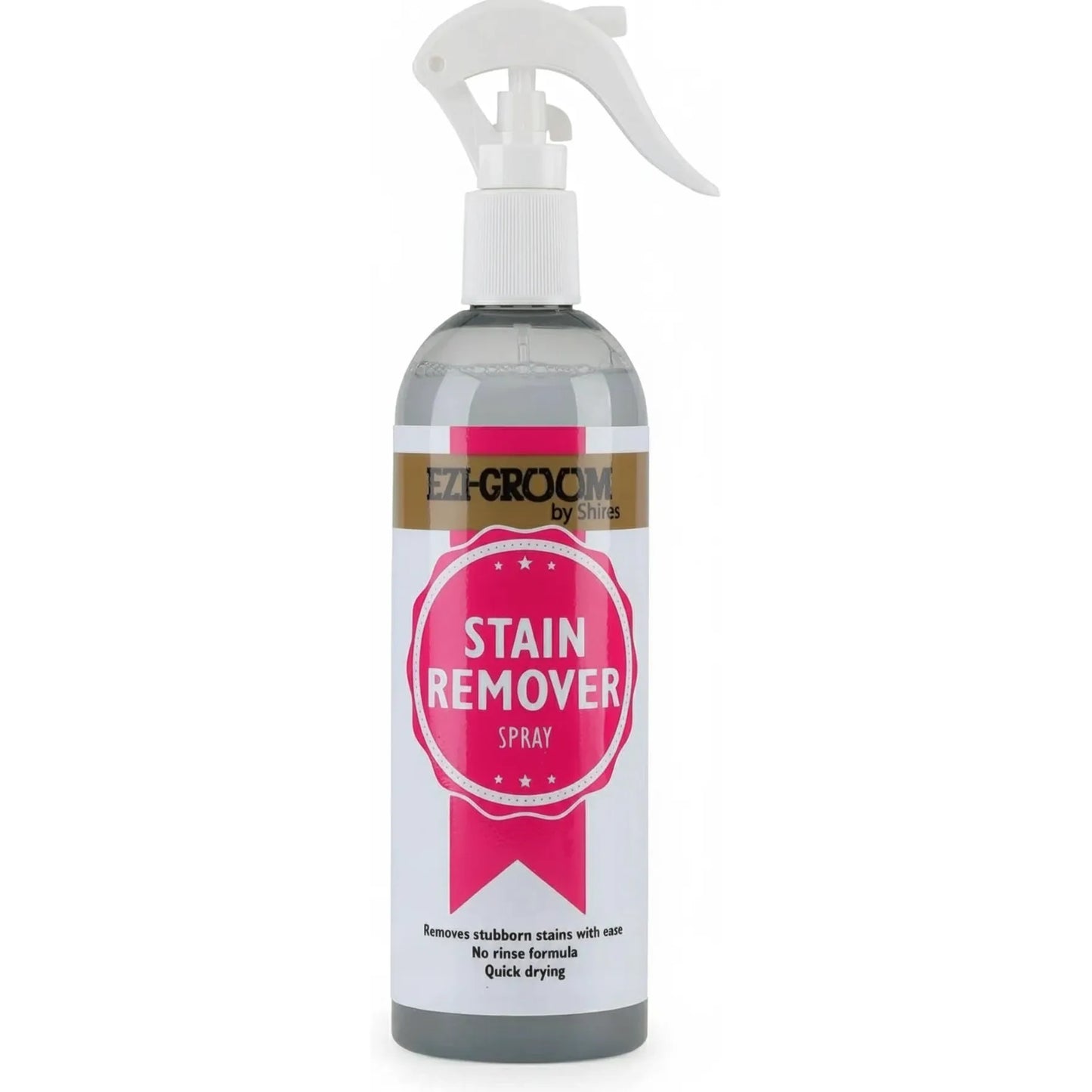 Shires EZI-Groom Tea Tree Oil Stain Remover Spray in a 13.5oz bottle. This antibacterial, no-rinse horse grooming spot cleaner features a white spray nozzle and a vibrant pink badge label. Designed to remove stubborn grass and manure stains with ease, this quick-drying formula is a must-have for grey horses and pre-show grooming touch-ups, ensuring a clean coat without the need for water.