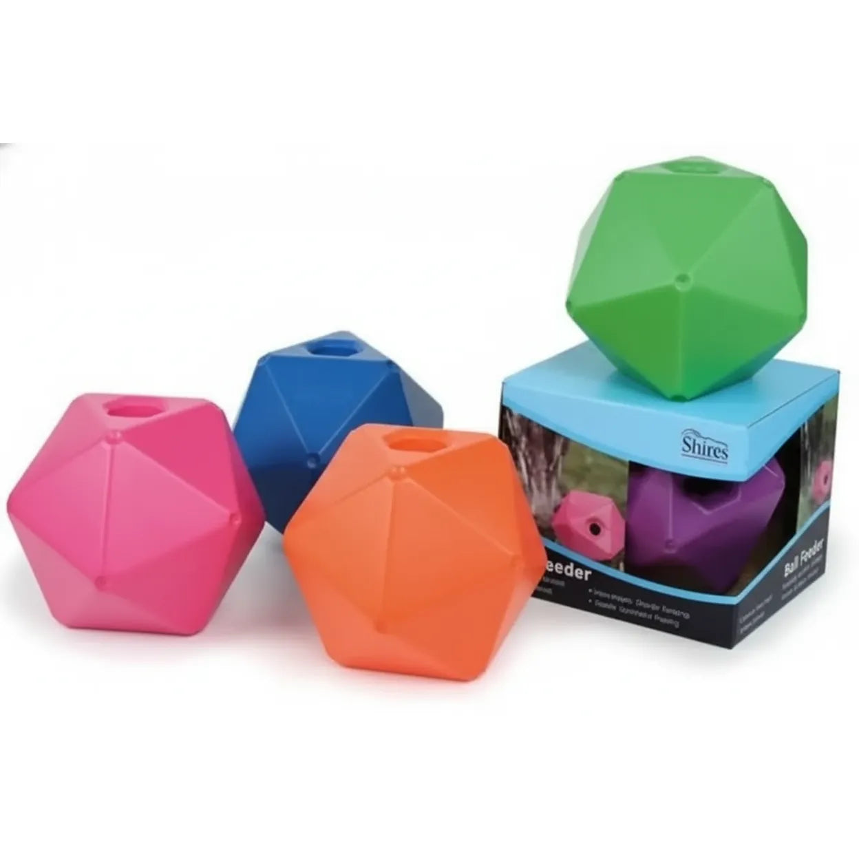 Vibrant Shires Horse & Pony Equine Ball Feeder stable toys in pink, blue, orange, and green. This 9-inch durable polyhedral treat ball is a must-have equine boredom buster. The faceted design rolls unpredictably, slowly dispensing treats or pellets to keep horses entertained. Ideal for stable enrichment, these colorful slow feeders help reduce stress and provide hours of mental stimulation for your horse or pony.