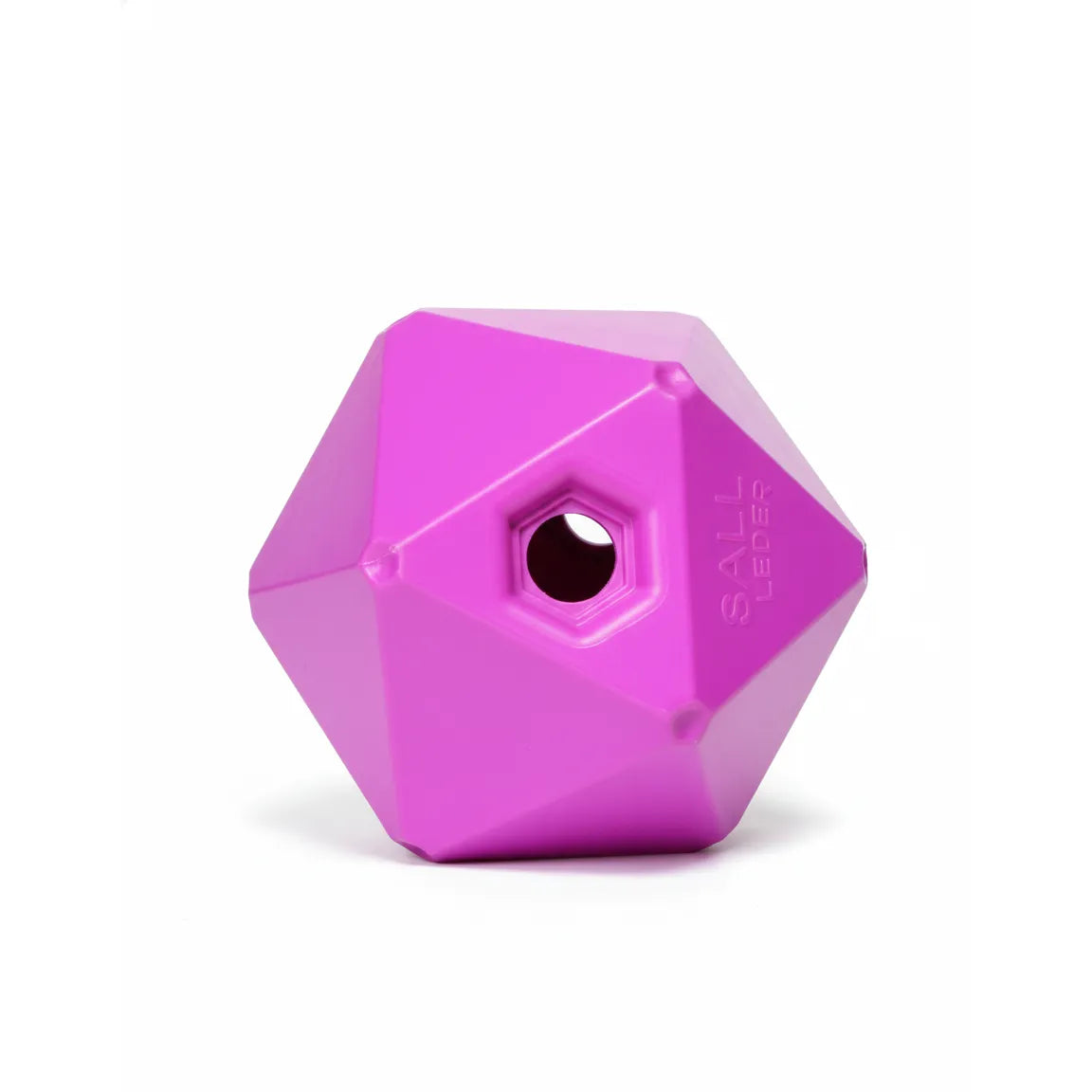 Vibrant pink Shires Equine Ball Feeder, a durable 9-inch polyhedral treat ball designed as a slow-feed enrichment toy for horses and ponies. This geometric stable toy features a recessed central hole for dispensing treats, providing an engaging boredom breaker for stall or paddock use. Its faceted shape ensures irregular rolling to keep horses entertained and mentally stimulated during foraging.