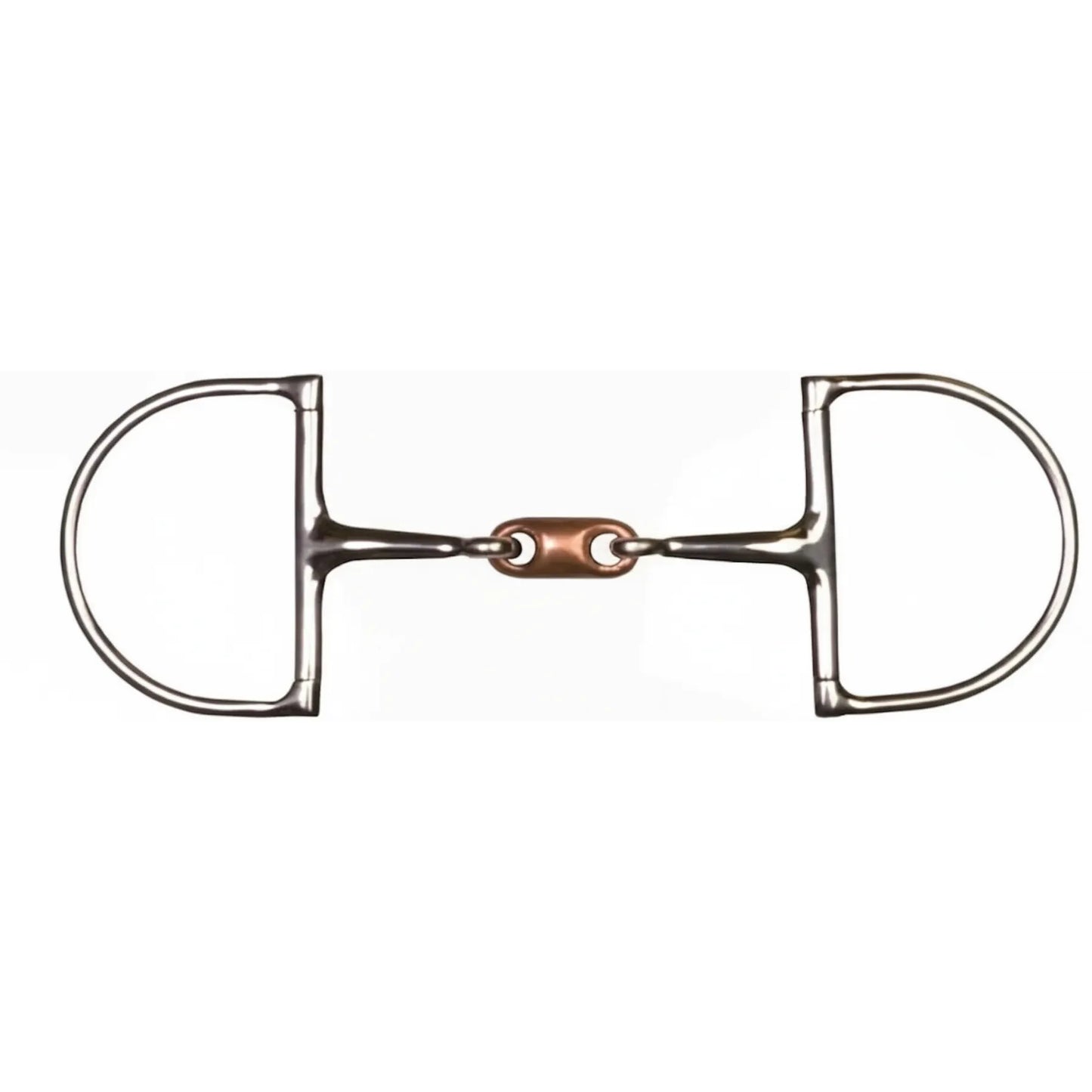 Shires Hunter Dee horse bit featuring stainless steel D-ring cheeks and a double-jointed mouthpiece with a central copper lozenge. This high-quality equestrian tack promotes salivation and bit acceptance through its warming copper link. The classic hunter dee design provides stability in the horse's mouth and gentle lateral guidance, making it a perfect choice for hunter, jumper, or equitation disciplines. Durable, polished silver and copper finish.