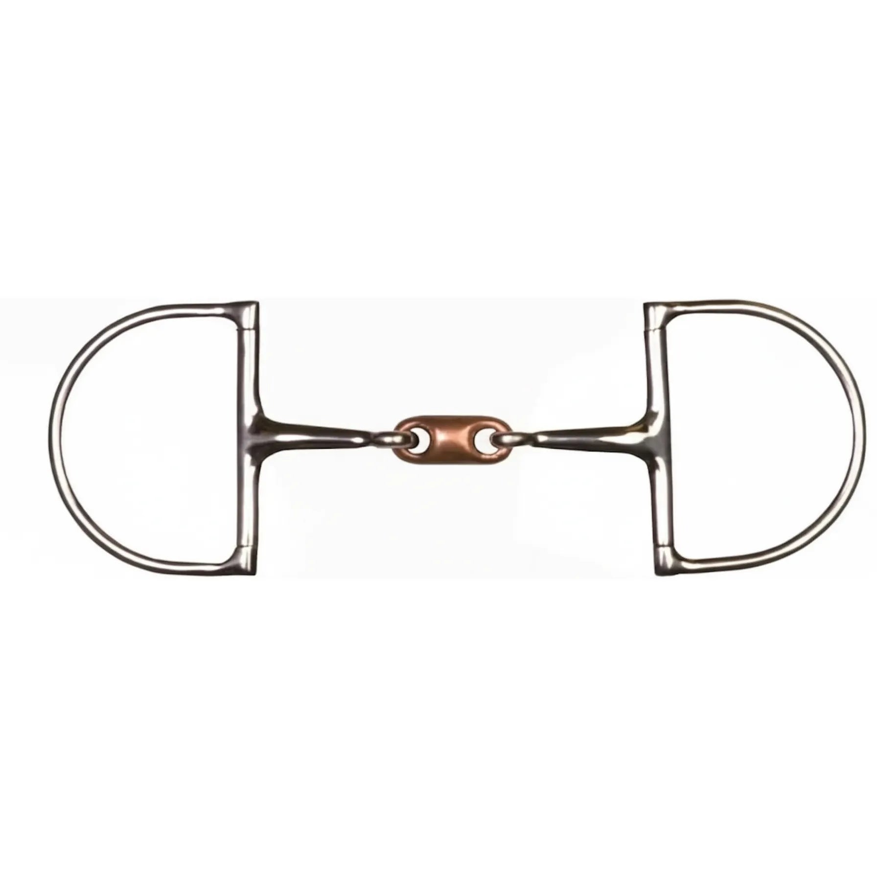 Shires Hunter Dee horse bit featuring stainless steel D-ring cheeks and a double-jointed mouthpiece with a central copper lozenge. This high-quality equestrian tack promotes salivation and bit acceptance through its warming copper link. The classic hunter dee design provides stability in the horse's mouth and gentle lateral guidance, making it a perfect choice for hunter, jumper, or equitation disciplines. Durable, polished silver and copper finish.