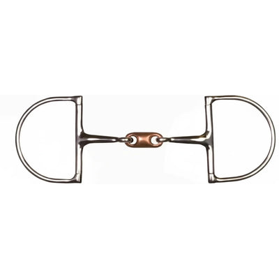 Shires Hunter Dee horse bit featuring stainless steel D-ring cheeks and a double-jointed mouthpiece with a central copper lozenge. This high-quality equestrian tack promotes salivation and bit acceptance through its warming copper link. The classic hunter dee design provides stability in the horse's mouth and gentle lateral guidance, making it a perfect choice for hunter, jumper, or equitation disciplines. Durable, polished silver and copper finish.
