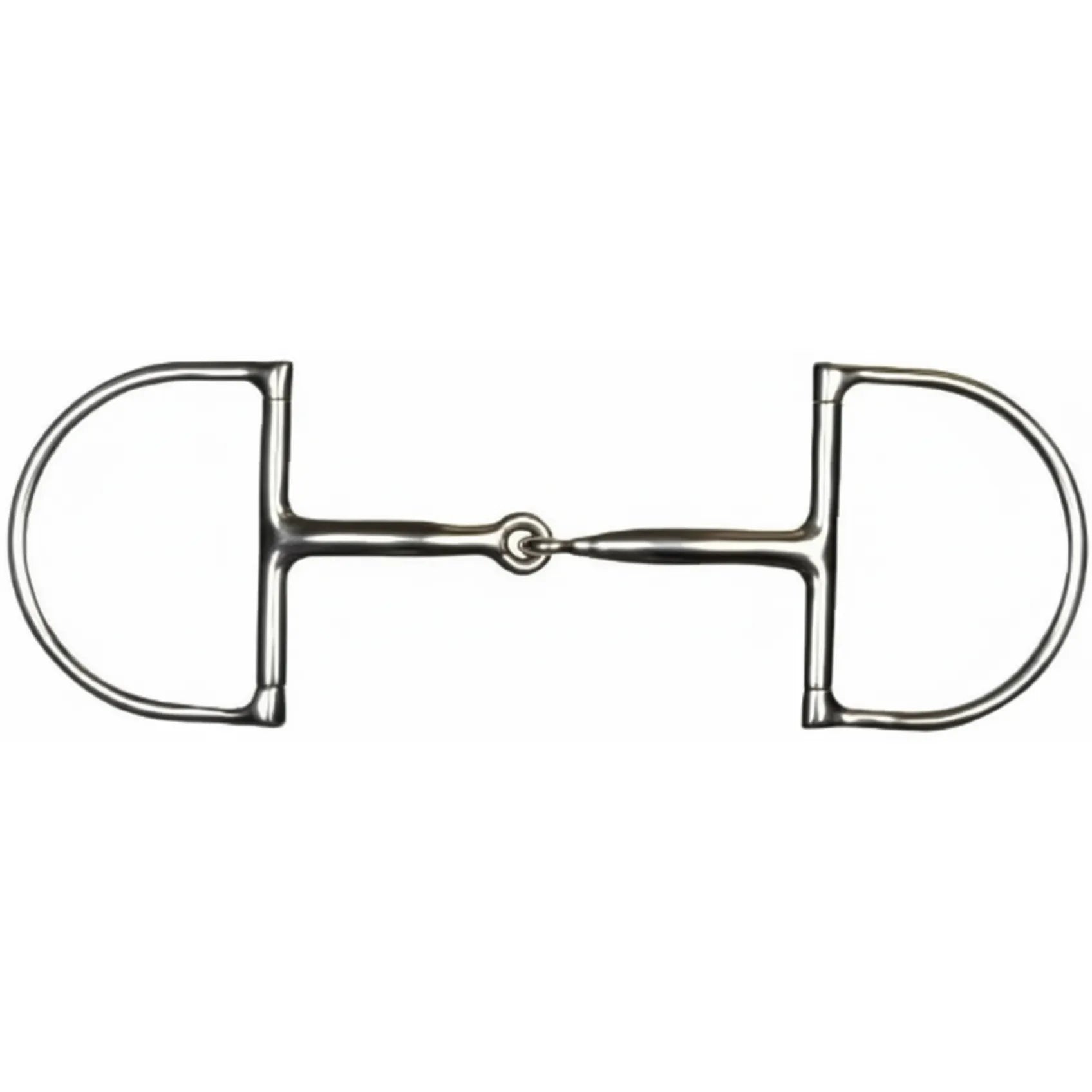 Shires Hunter Dee Snaffle Horse Bit #87682 in rust-resistant stainless steel. This premium equestrian bit features an ergonomic curved, single-jointed mouthpiece for horse comfort and clear communication. The classic fixed D-ring cheeks prevent pinching and offer stable lateral control, perfect for hunter classes and daily training. A sleek, durable silver horse tack staple for any riding discipline.