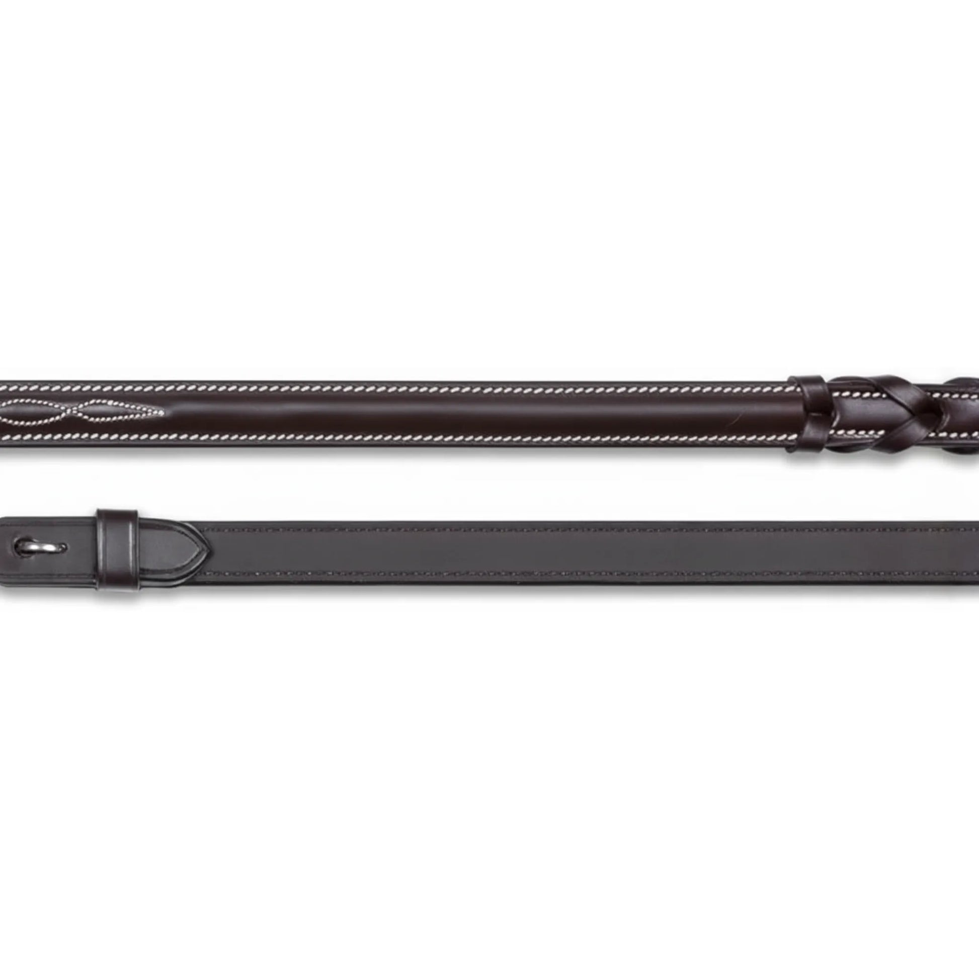 Shires LUSSO Laced Leather Reins in Havana brown featuring premium supple leather with elegant white fancy stitching. These high-quality equestrian reins showcase hand-laced sections for a secure grip and stainless steel hook stud billets. Ideal for horse shows or daily riding, they provide a classic, polished aesthetic for any English bridle. High-end tack for dressage, show jumping, or eventing.