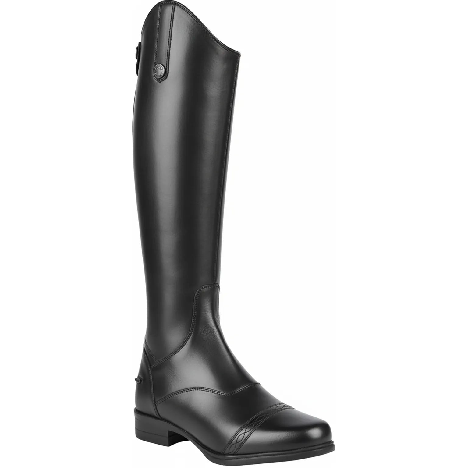 Shires Moretta Aida Riding Boots in premium black milled cow leather. These elegant tall dressage boots feature a sleek silhouette with a high Spanish cut top, a contoured ankle, and a reinforced toe cap with decorative stitching. Designed for equestrian performance and style, they include a full-length rear zipper and a branded snap closure. Perfect for dressage competitions or professional schooling, these boots offer a polished look for horse riding enthusiasts.