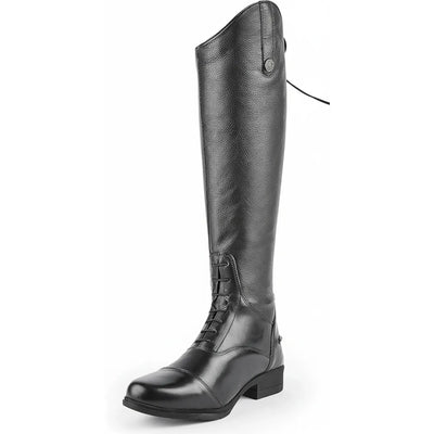 Shires Moretta Gianna Women's Leather Riding Boots in black, featuring a sleek dressage cut and pebbled leather shaft. These tall field boots include front ankle laces, a polished toe cap, and a contoured fit for a professional look. Designed with a full-length rear zipper and secure snap closure, these elegant equestrian boots are perfect for horse shows and dressage training. Durable, high-quality leather footwear for the stylish and competitive rider.