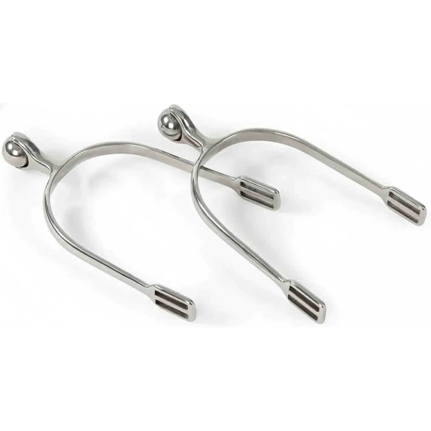 Shires Roller Ball Spurs #6267 in polished stainless steel. These gentle equestrian spurs feature a unique smooth rolling ball design to prevent skin marking while providing subtle cues. Perfect for sensitive horses, these high-quality horse spurs include a durable U-shaped frame with slotted ends for secure spur strap attachment. Ideal for English riding, dressage, or daily schooling for riders seeking soft yet effective communication.