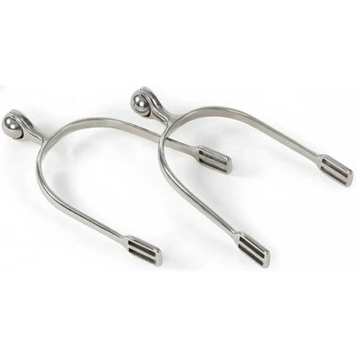 Shires Roller Ball Spurs #6267 in polished stainless steel. These gentle equestrian spurs feature a unique smooth rolling ball design to prevent skin marking while providing subtle cues. Perfect for sensitive horses, these high-quality horse spurs include a durable U-shaped frame with slotted ends for secure spur strap attachment. Ideal for English riding, dressage, or daily schooling for riders seeking soft yet effective communication.