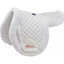 Shires SupaFleece Rimmed Shaped Saddle Pad in elegant white. Features a classic diamond quilted design with luxury white faux sheepskin lining and shock-absorbing rolled edges for ultimate horse comfort. Includes secure velcro billet straps and a reinforced girth area with the red Performance logo. This stylish equestrian accessory provides a high-wither fit and professional look, perfect for riders seeking high-performance horse tack with a classic aesthetic.