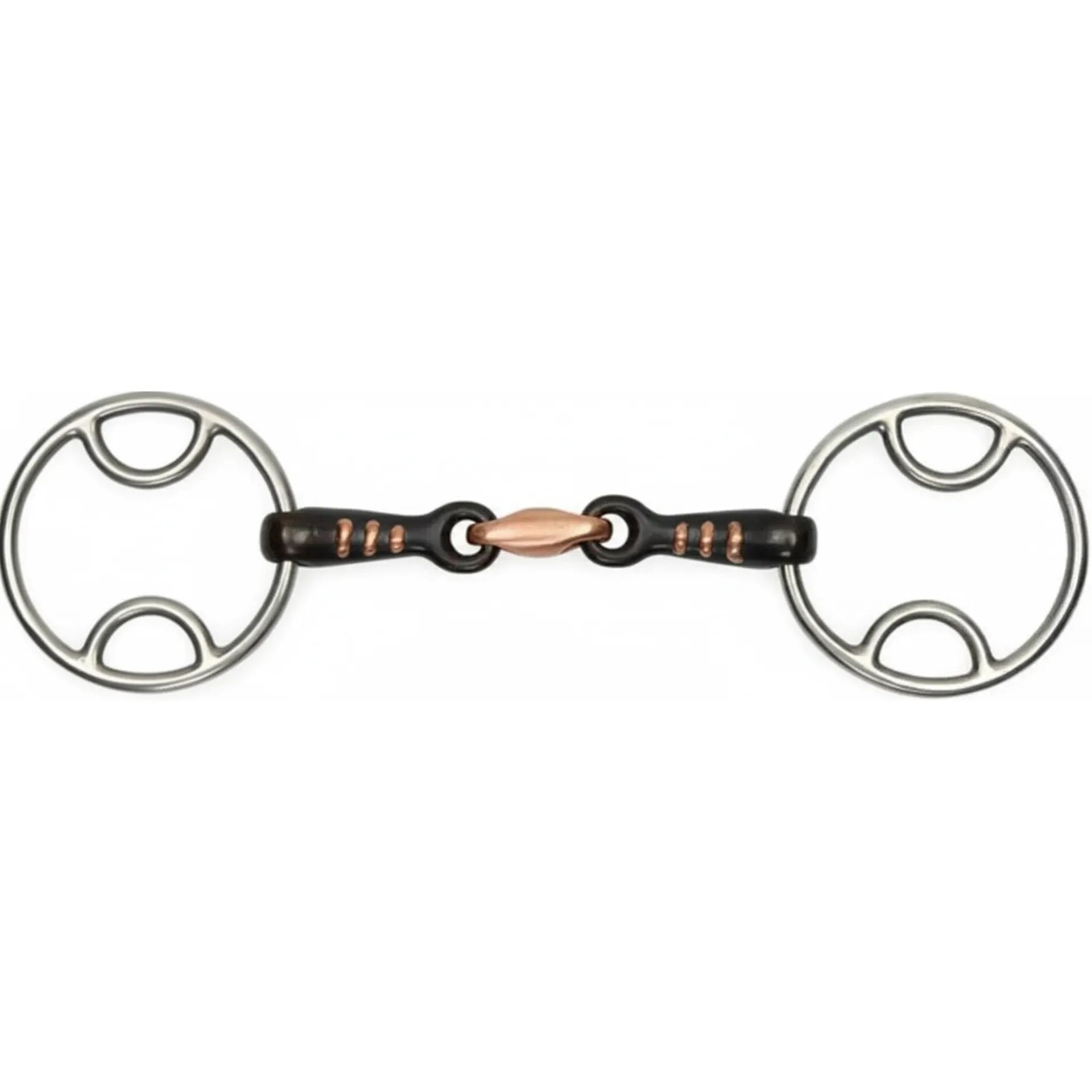 Shires Sweet Iron Bevel Bit featuring a double-jointed mouthpiece with a copper lozenge and raised ribs. This high-quality equestrian bit combines black sweet iron to encourage salivation with stainless steel bevel rings for mild leverage and control. Ideal for horse training and show jumping, the raised copper ribs offer extra sensitivity. A versatile and stylish piece of horse tack designed for clear communication and comfort.