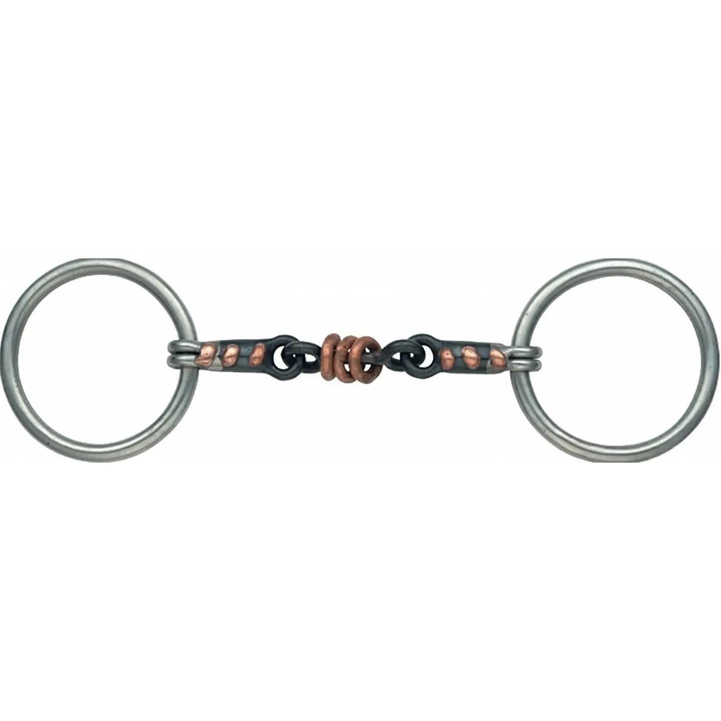 Shires Sweet Iron Copper Roller Snaffle Bit featuring a 14mm mouthpiece and 65mm loose rings. This double-jointed horse bit combines a dark sweet iron finish with central copper rollers and copper inlays to encourage salivation and bit acceptance. A professional-grade equestrian tool designed for gentle communication and tongue stimulation, perfect for horse training and daily riding. Durable horse tack that promotes relaxation and improved responsiveness.