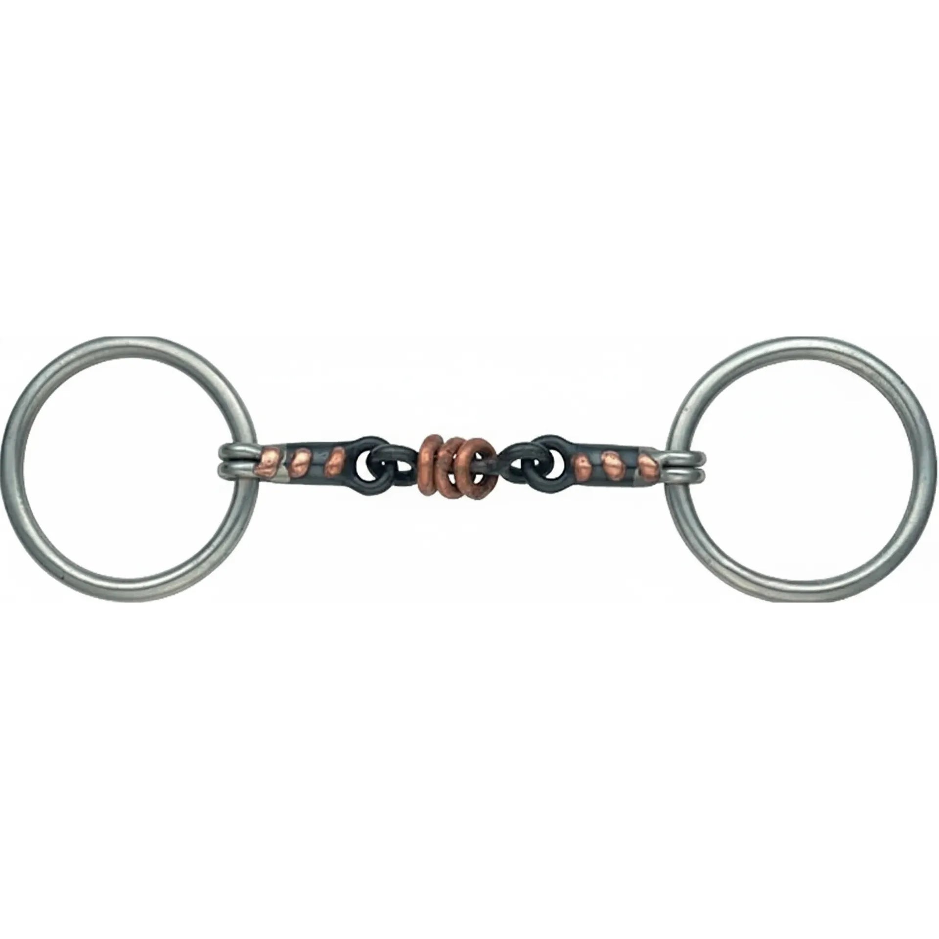 Shires Sweet Iron Copper Roller Snaffle Bit featuring a 14mm mouthpiece and 65mm loose rings. This double-jointed horse bit combines a dark sweet iron finish with central copper rollers and copper inlays to encourage salivation and bit acceptance. A professional-grade equestrian tool designed for gentle communication and tongue stimulation, perfect for horse training and daily riding. Durable horse tack that promotes relaxation and improved responsiveness.