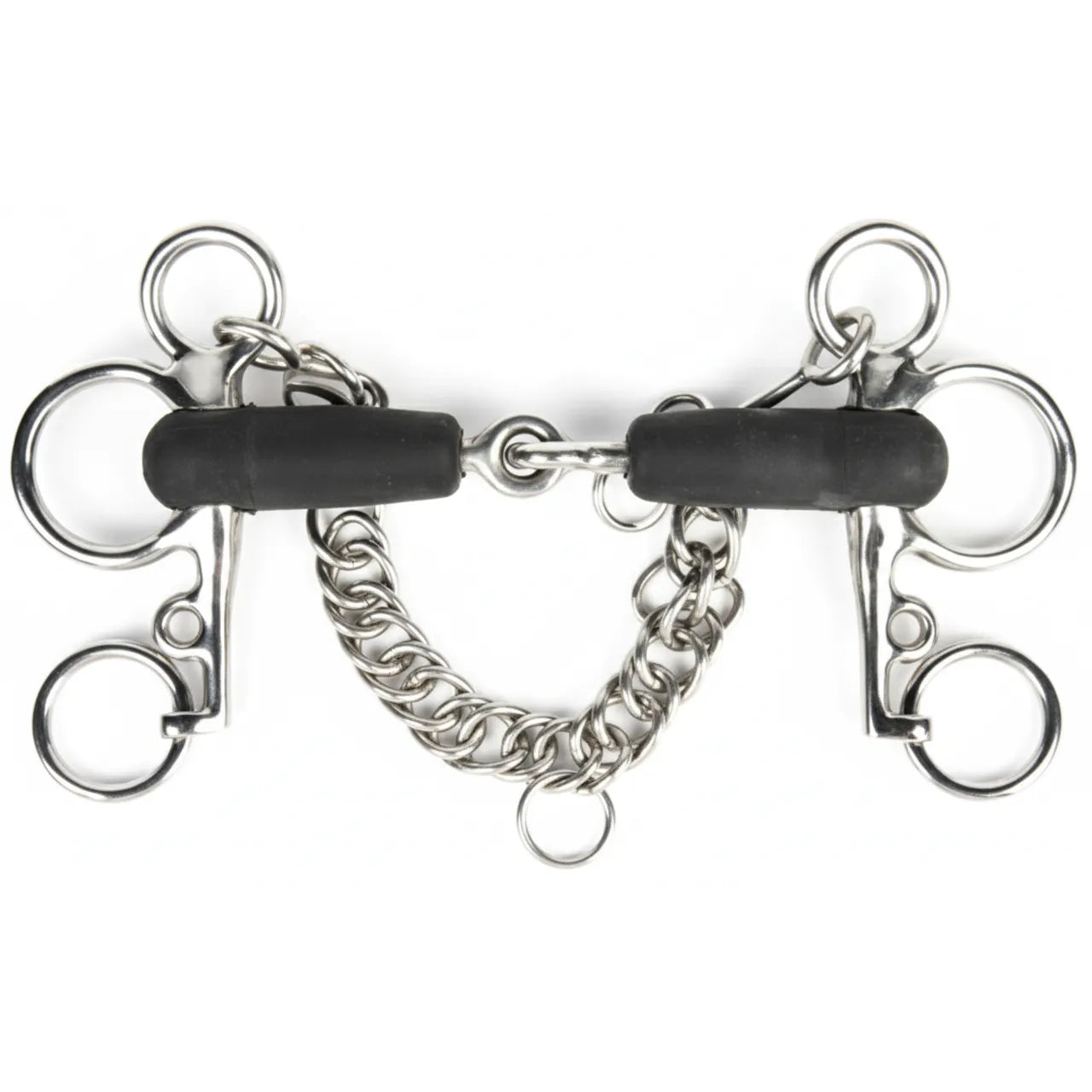Shires Tom Thumb Rubber Jointed Pelham Horse Bit featuring a flexible black rubber-covered single-jointed mouthpiece and durable stainless steel shanks. This professional equestrian tack includes an adjustable curb chain for refined control. The compact Tom Thumb design combines snaffle and curb action, making it ideal for show jumping or schooling. A versatile stainless steel horse bit for riders seeking gentle yet effective communication.