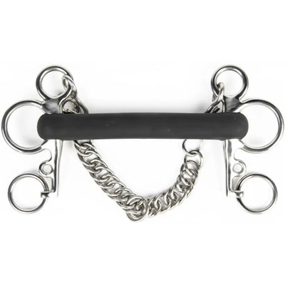 Shires Tom Thumb Rubber Mouth Pelham Horse Bit featuring a thick black soft rubber mouthpiece and polished stainless steel cheekpieces. This equestrian tack includes a classic curb chain and multiple rein attachment rings, providing a milder feel and shorter shanks for effective communication and horse comfort.