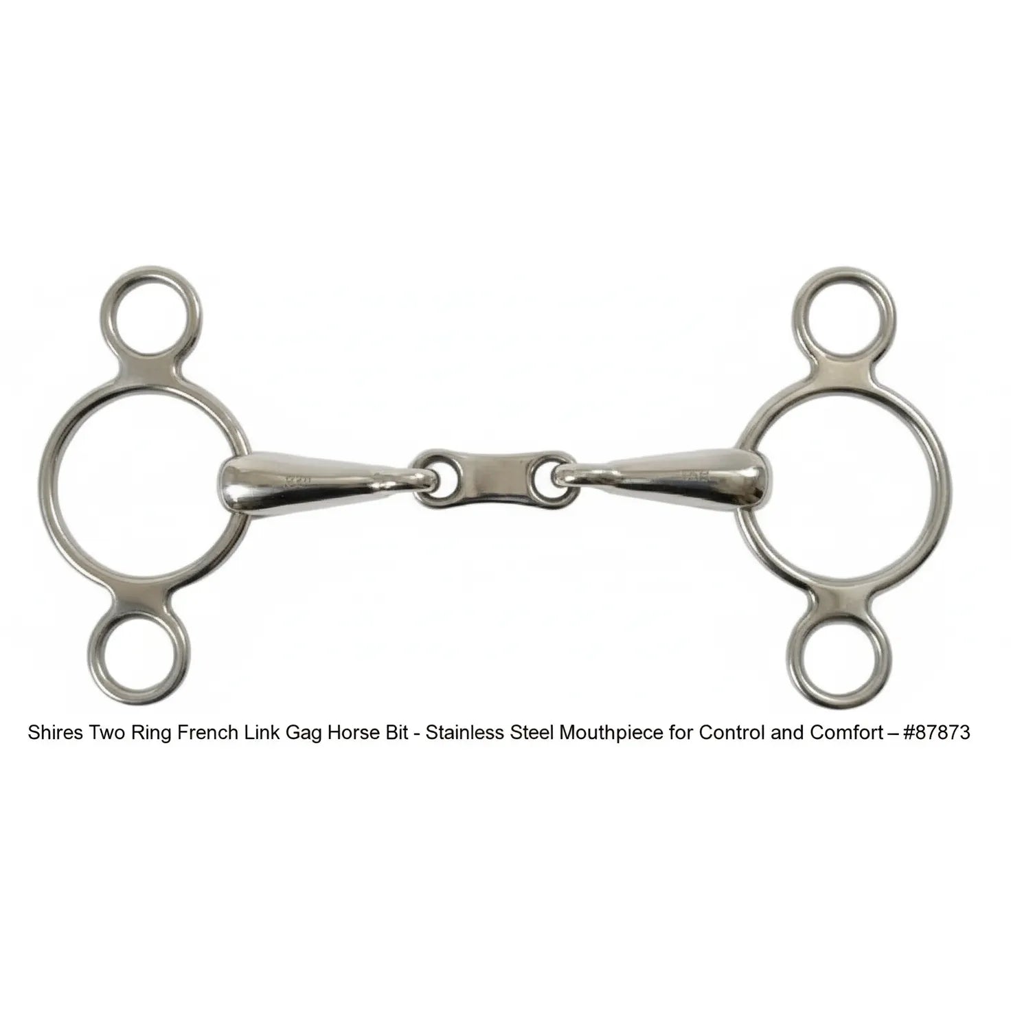 Shires Two Ring French Link Gag Horse Bit in polished stainless steel. This high-quality equestrian bit features a double-jointed French link mouthpiece designed for maximum horse comfort and precision control. The two-ring Dutch gag design offers versatile rein settings for adjustable leverage. Durable, corrosion-resistant silver finish ideal for jumping and training. Model #87873.