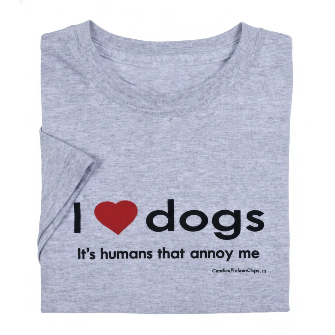 Heather grey 100% cotton unisex t-shirt featuring a funny graphic for dog lovers. The shirt displays 'I [red heart] dogs' in bold black font above the relatable text 'It's humans that annoy me.' Neatly folded to show the humorous print, this Spoiled Rotten Dogz adult tee is an ideal gift for pet owners and sarcastic animal lovers looking for comfortable, high-quality pet-themed apparel.