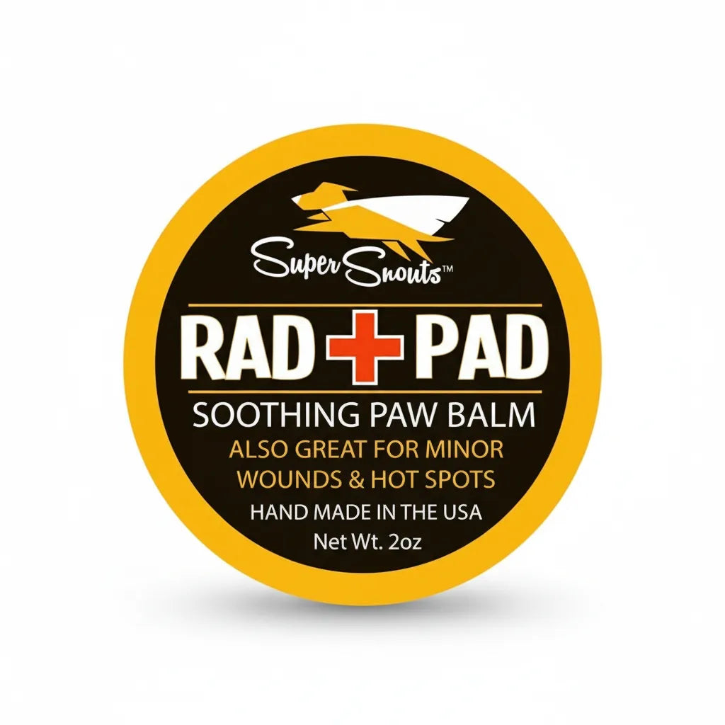 Super Snouts RAD + PAD Soothing Paw Balm for dogs, featuring a circular yellow and black label with a red cross logo. This handmade, USA-made healing treatment provides relief for cracked paws, minor wounds, and hot spots. Ideal for dog paw care and natural pet skincare, the 2oz tin displays a stylized dog icon and highlights its multi-use formula for canine skin repair and protection.