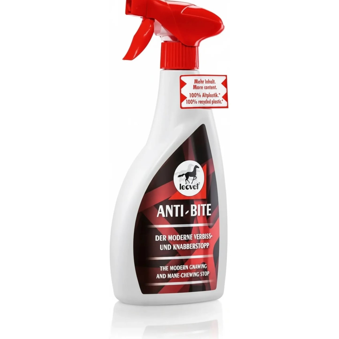 Leovet Anti-Bite Spray for horses in a 550ml white bottle with a red trigger spray. This powerful horse chewing deterrent prevents mane-chewing and gnawing on wood or blankets using Bitrex and Capsaicin. The label features a black horse silhouette and bold "ANTI-BITE" text. Housed in a 100% recycled plastic bottle, this horse care essential is a must-have for equine owners seeking a modern solution to unwanted chewing behavior.
