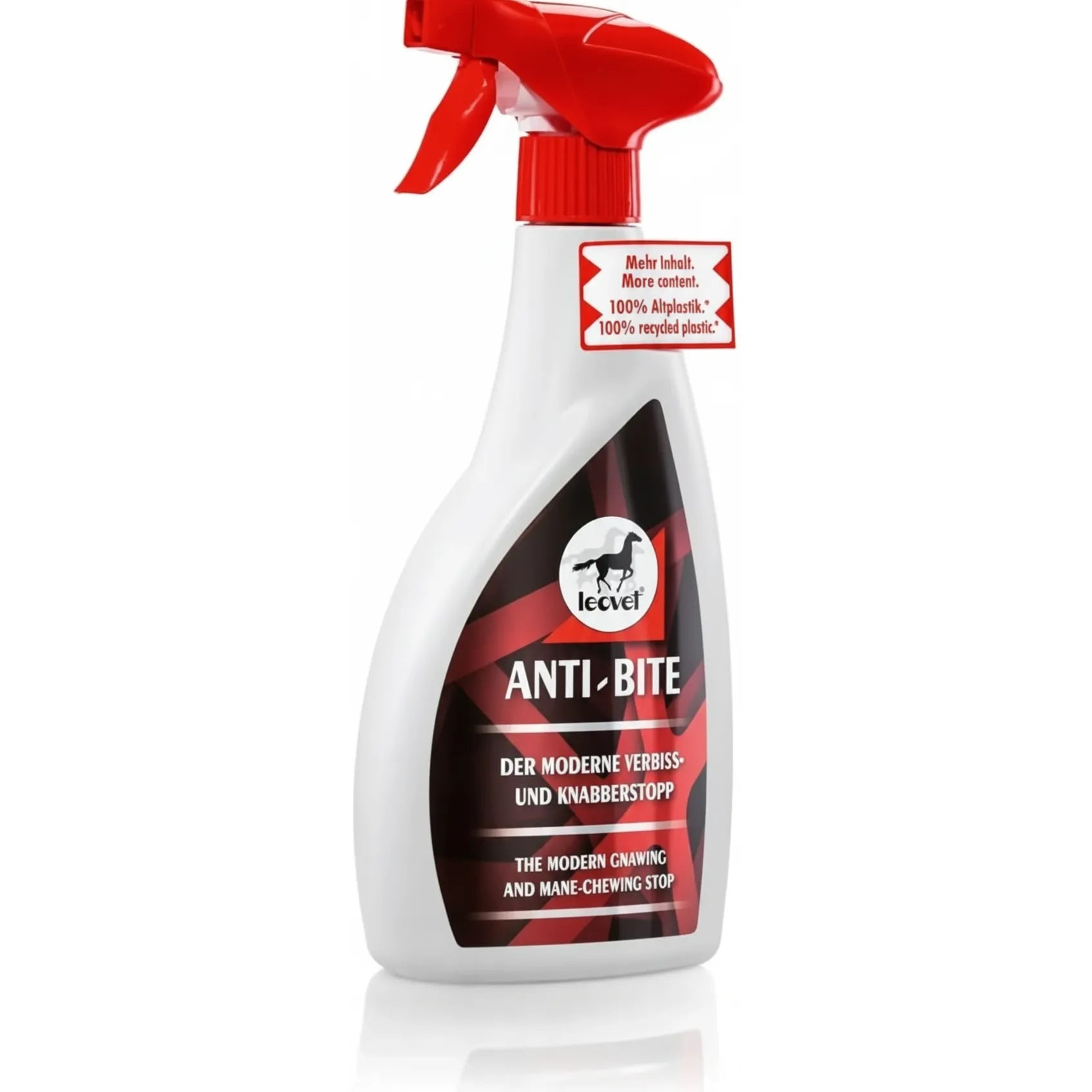 Leovet Anti-Bite Spray for horses in a 550ml white bottle with a red trigger spray. This powerful horse chewing deterrent prevents mane-chewing and gnawing on wood or blankets using Bitrex and Capsaicin. The label features a black horse silhouette and bold "ANTI-BITE" text. Housed in a 100% recycled plastic bottle, this horse care essential is a must-have for equine owners seeking a modern solution to unwanted chewing behavior.