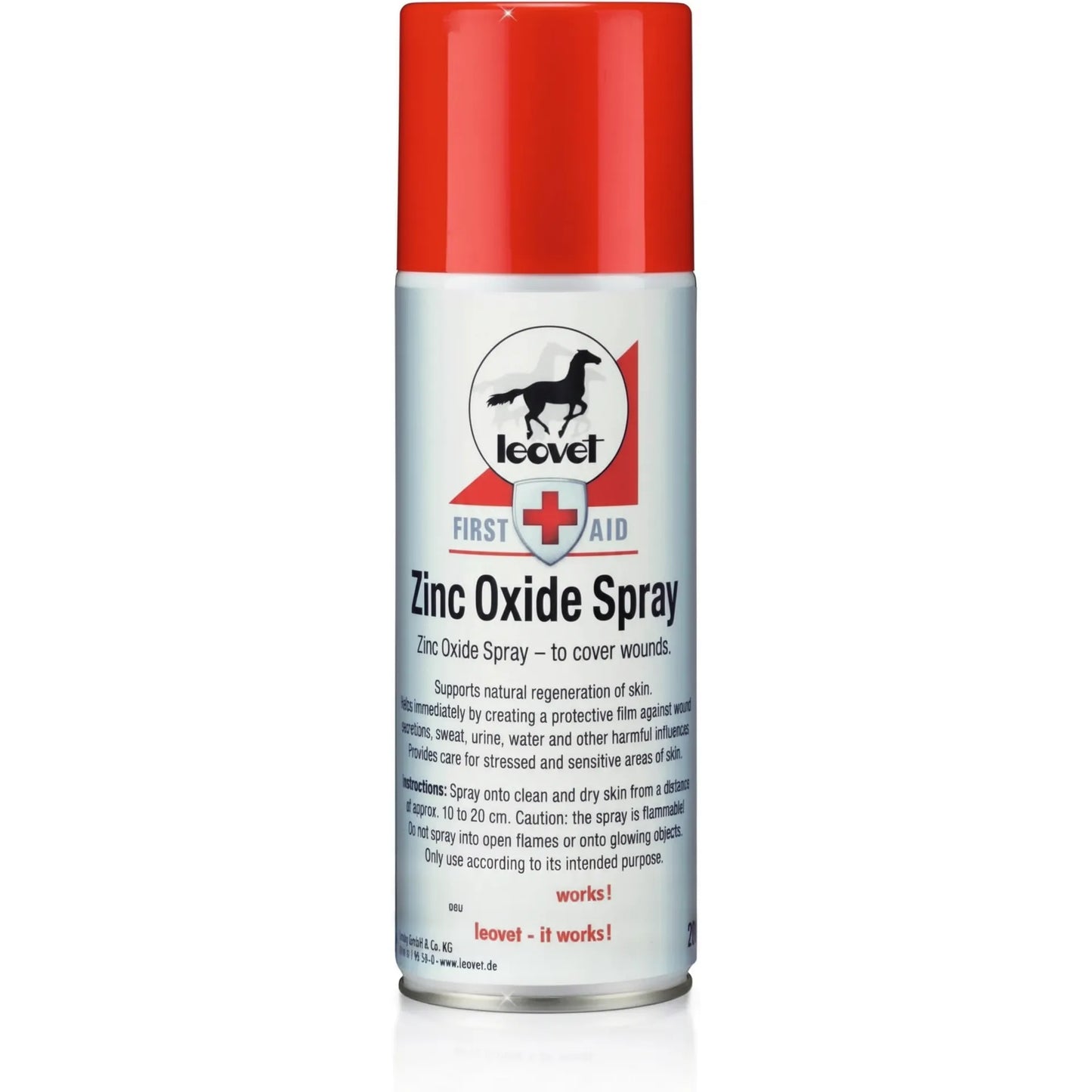 Toklat Leovet Zinc Oxide Spray 200ml for horse wound care. This white aerosol can with a bright red cap is a must-have horse first aid essential. Formulated to create a protective barrier against moisture, sweat, and urine, it supports natural skin regeneration and heals sensitive areas. Featuring a red first aid cross and horse silhouette, this spray is perfect for protective equine skin care and professional-grade horse wound management.