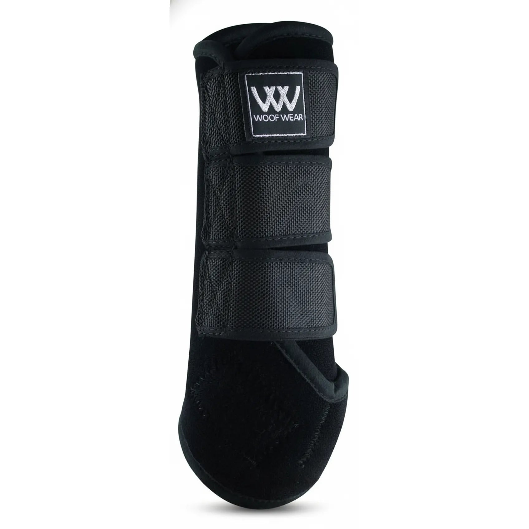 Toklat Woof Wear Training Wrap in black, designed for superior horse leg support and fetlock protection. This breathable neoprene boot features three wide, secure hook-and-loop straps to ensure a snug fit and stability during training sessions. The iconic white Woof Wear logo is prominently displayed on the top strap. Perfect for equestrians seeking durable, high-impact protection and comfort for their horses' lower legs.