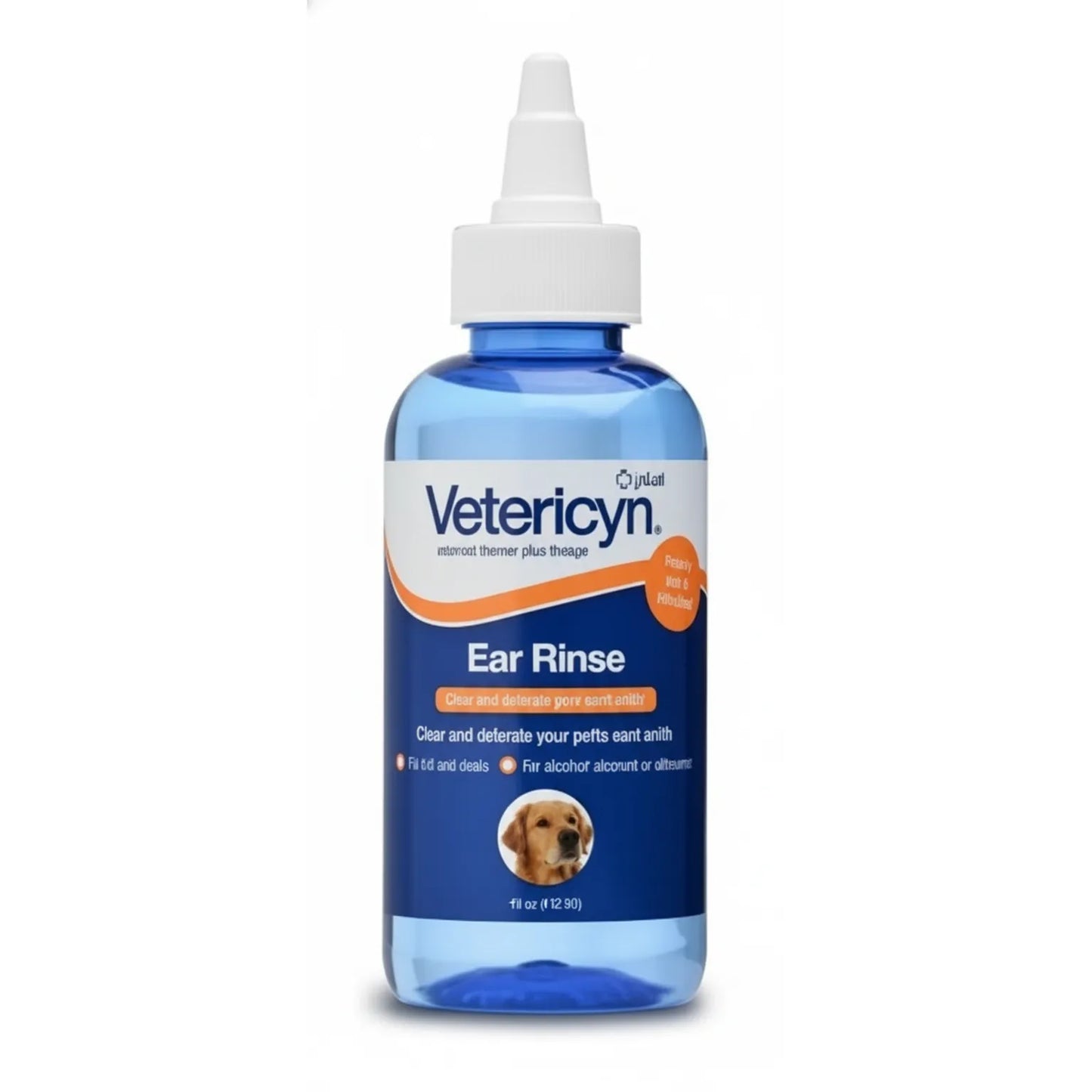 Vetericyn Plus Ear Rinse in a clear blue bottle with a white pointed applicator tip. This gentle pet ear cleaner is designed to soothe and clean itchy, irritated ears for dogs, cats, and horses. The label features a golden retriever and emphasizes a non-stinging formula. Ideal for pet owners seeking an effective solution for ear health, itch relief, and removing debris to keep pet ears fresh, clean, and healthy.