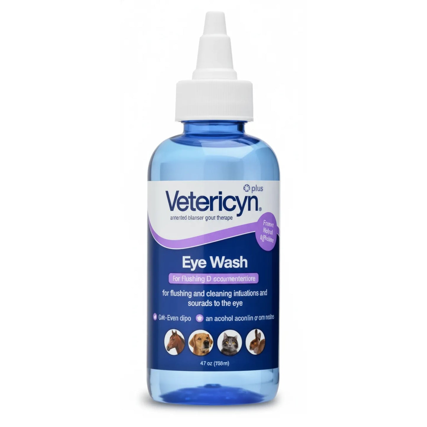 Vetericyn Plus Eye Wash antimicrobial relief in a 4.7 oz blue bottle with a white precision applicator tip. Formulated for dogs, cats, and horses to soothe eye irritation, flush out debris, and remove stubborn tear stains. This non-stinging, clear solution is essential for pet first aid kits and daily grooming. Features icons of a horse, golden retriever, cat, and rabbit to show multi-species use for maintaining clear and healthy pet eyes.