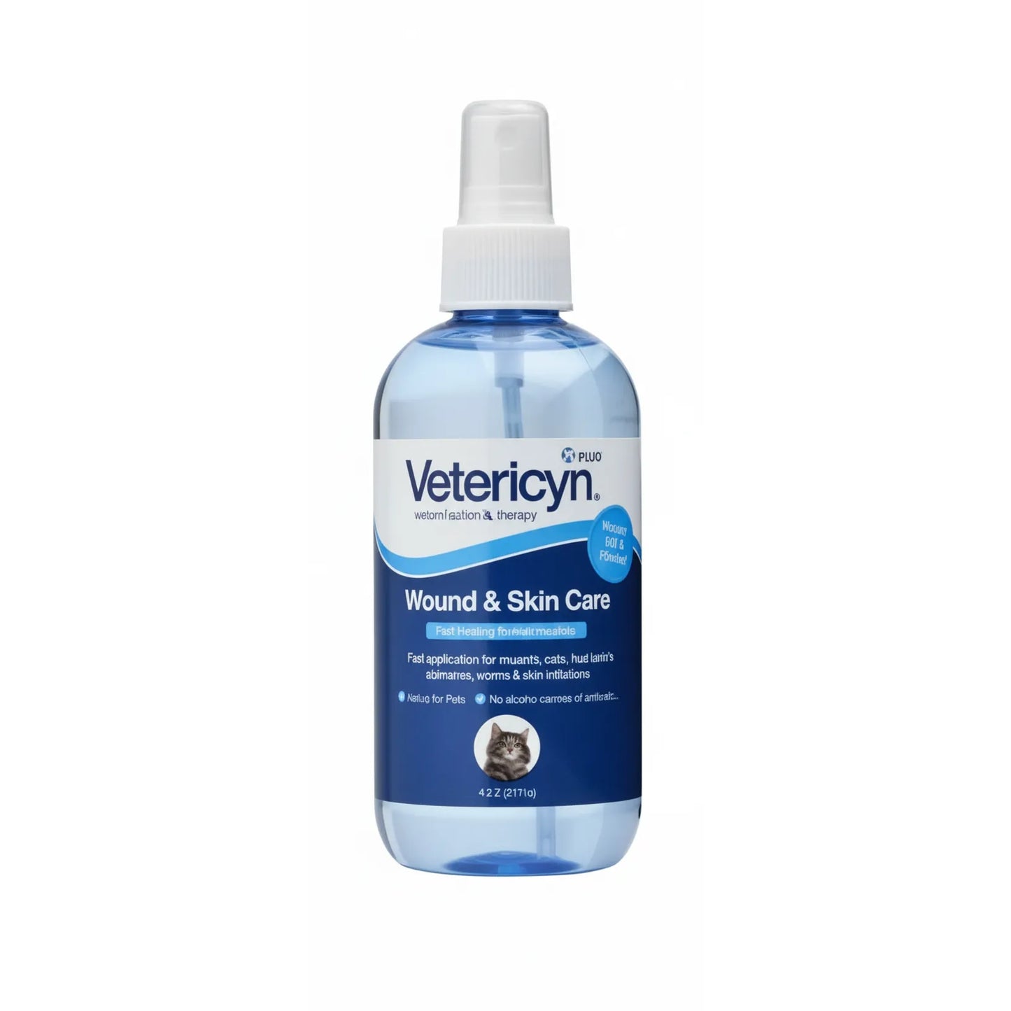 Vetericyn Plus Wound & Skin Care spray bottle with blue liquid and a white spray pump. The label features a cat and highlights fast healing for cuts, scrapes, and hot spots. This non-toxic veterinary-grade formula is ideal for pet first aid, treating skin irritations and wounds on dogs and cats safely and effectively.