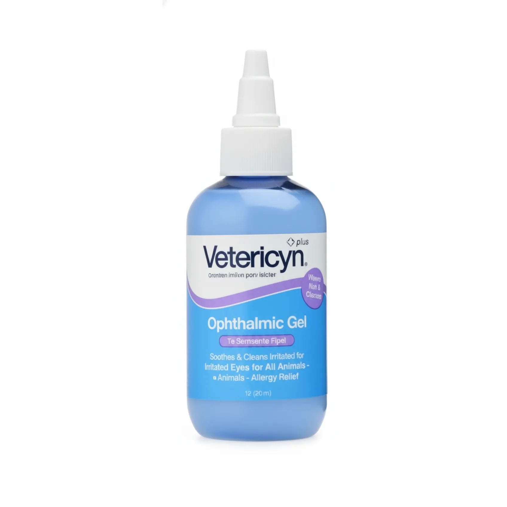 Vetericyn Plus Ophthalmic Gel in a translucent blue bottle with a precision white dropper tip. This soothing pet eye care solution is designed to clean and relieve irritated eyes for all animals, including dogs and cats. Perfect for pet allergy relief and flushing out debris, this veterinarian-recommended gel helps maintain eye health. Ensure your pet's comfort with this professional-grade, soothing animal eye wash and lubricant for itchy or watery eyes.